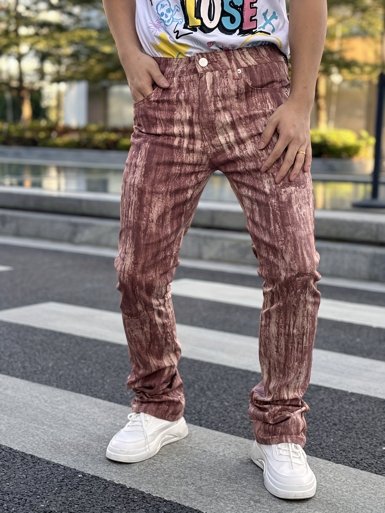 Men's Stretch Denim Flared Pants with 3D Digital Print Camo Colors