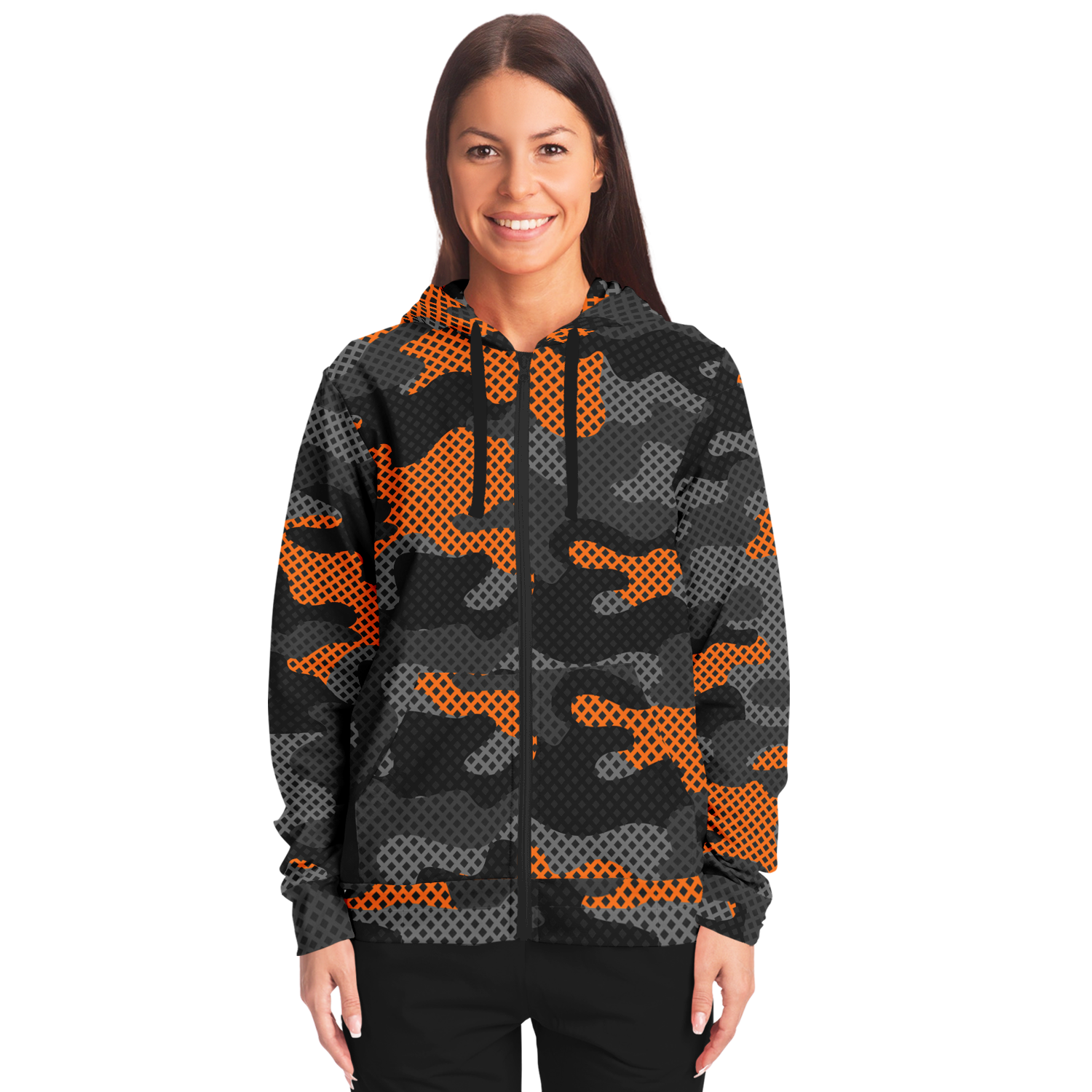 Zip-Up Hoodie | Orange & Black Pixel Camouflage style Camo Colors