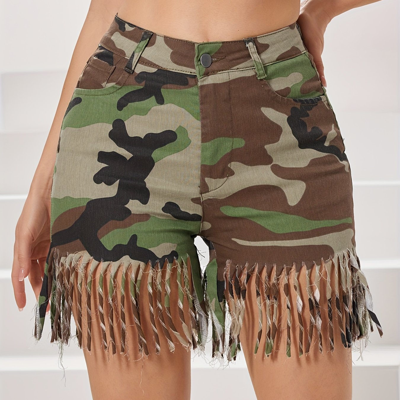 Camo Tassel Denim Shorts: High-Waisted, Cotton Blend, Spring/Summer Camo Colors