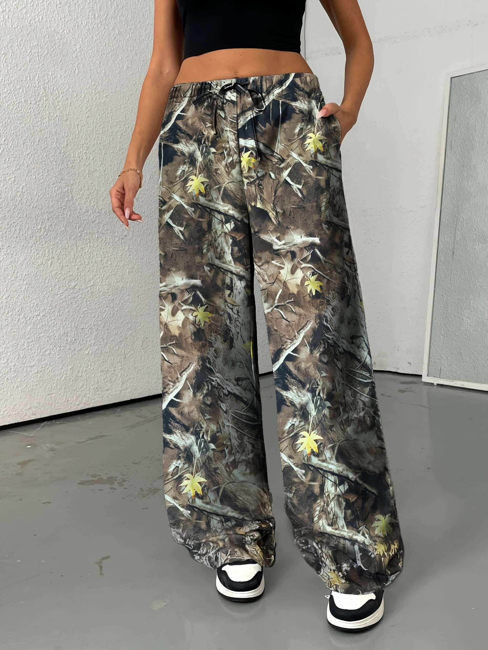 Women's Wide Leg Palazzo Pants with Drawstring | Camouflage Tree Branch Camo Colors