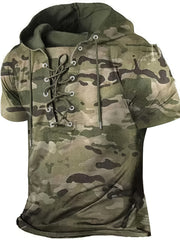Men's Camouflage Pattern Lace-Up Short Sleeve Hoodie | Camo Colors