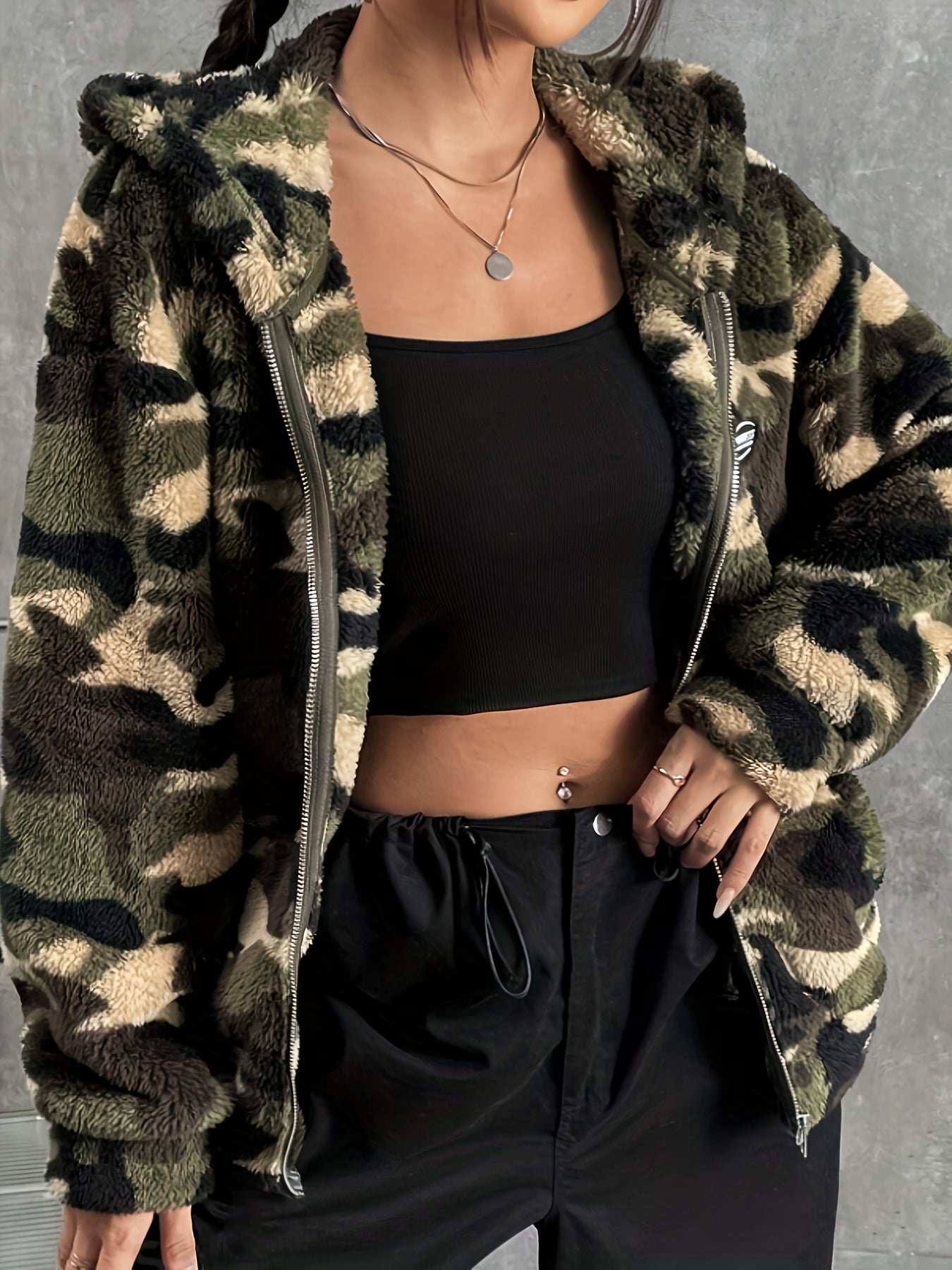 Women's Camo Print Zip-up Fluffy Jacket: Hooded, Fall/Winter Camo Colors