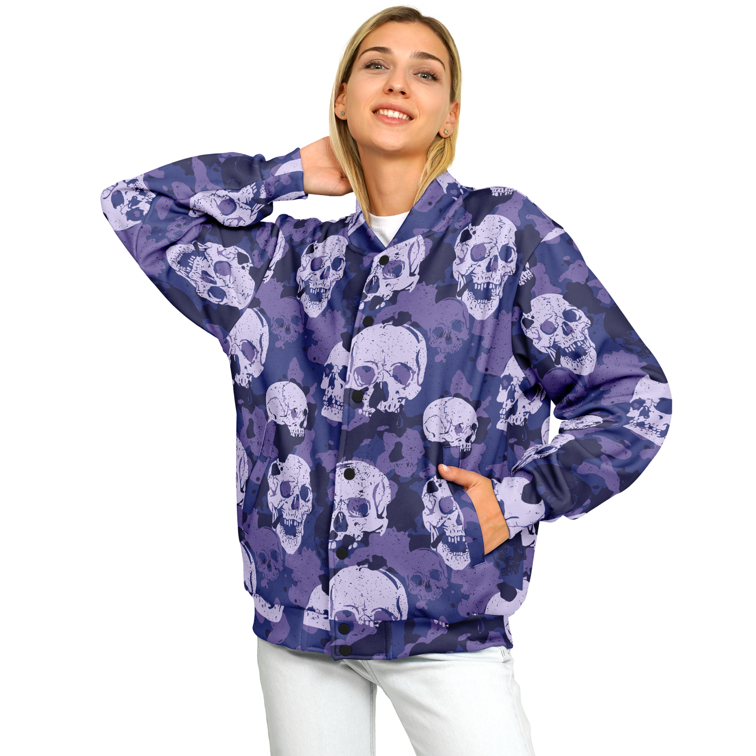 Skulls Jacket | Blue Camo Inspired Baseball Style Coat Camo Colors