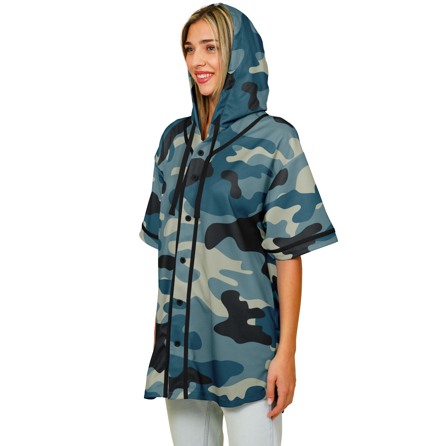 Hooded Baseball Jersey | Blue & Charcoal Camo Print | Camo Colors