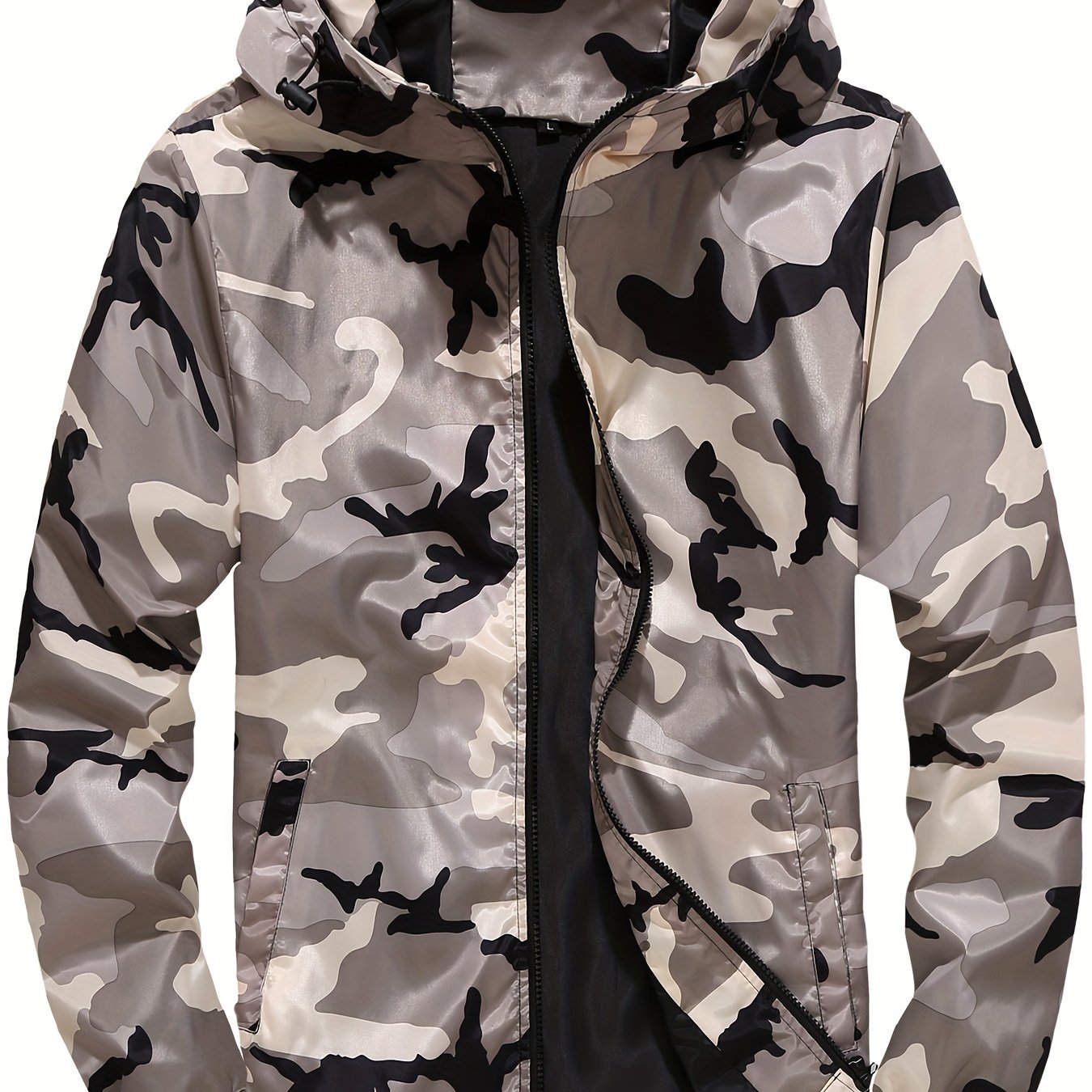 Men's Grey Hooded Zip Up Camouflage Lightweight Jacket Camo Colors