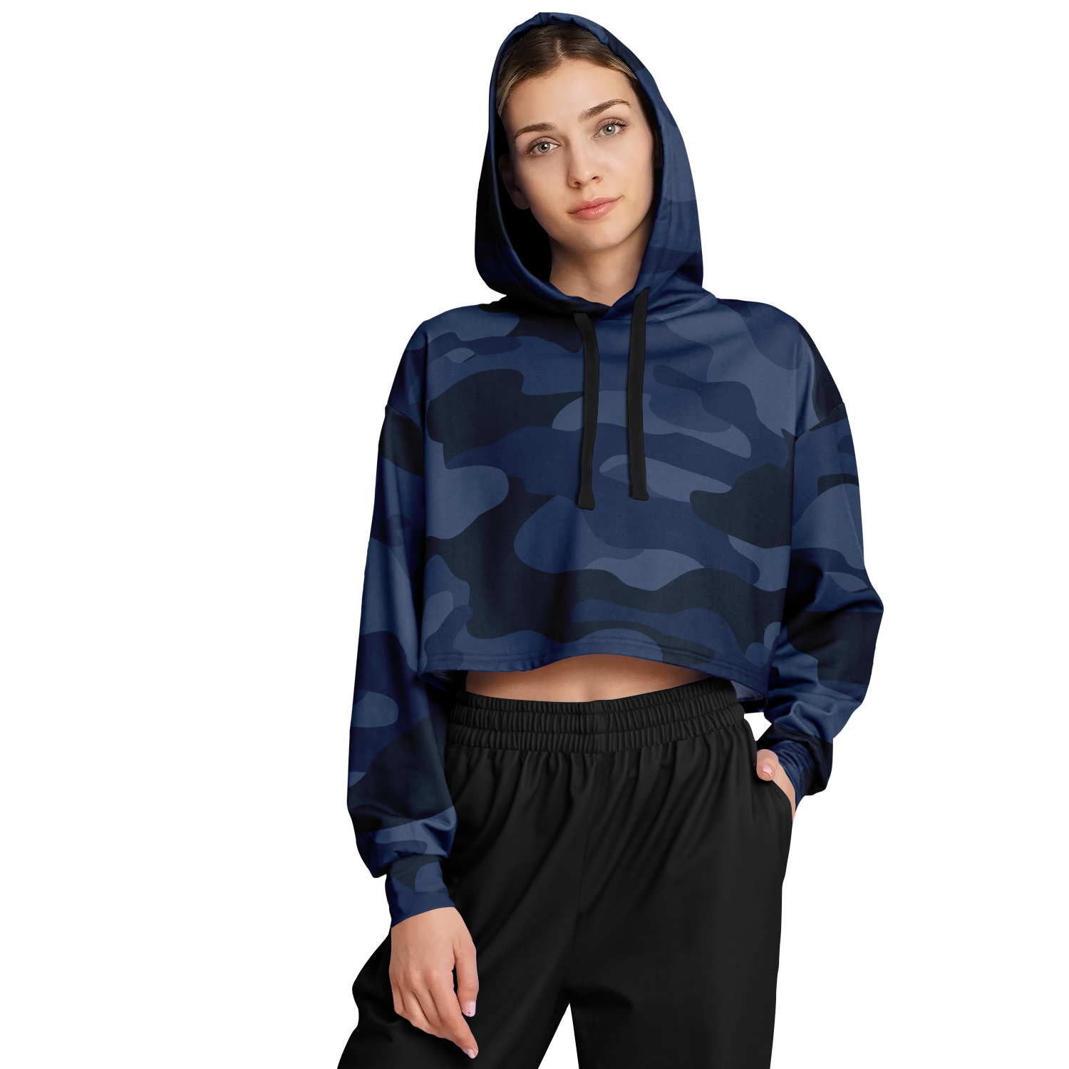 Cropped Hoodie For Women | Deep Blue Camouflage Camo Colors
