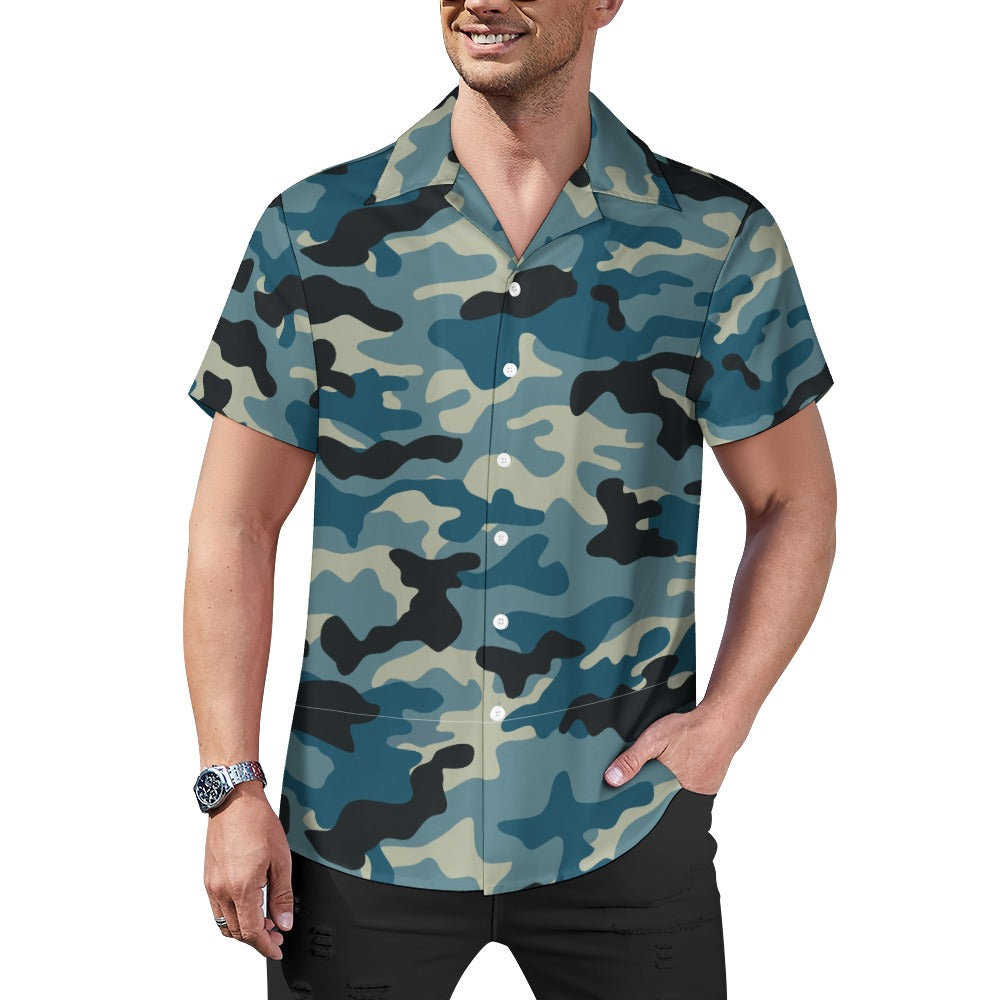 Men's Camo Shirt in Shades of Blue & Charcoal | Cuban Collar Design | Camo Colors