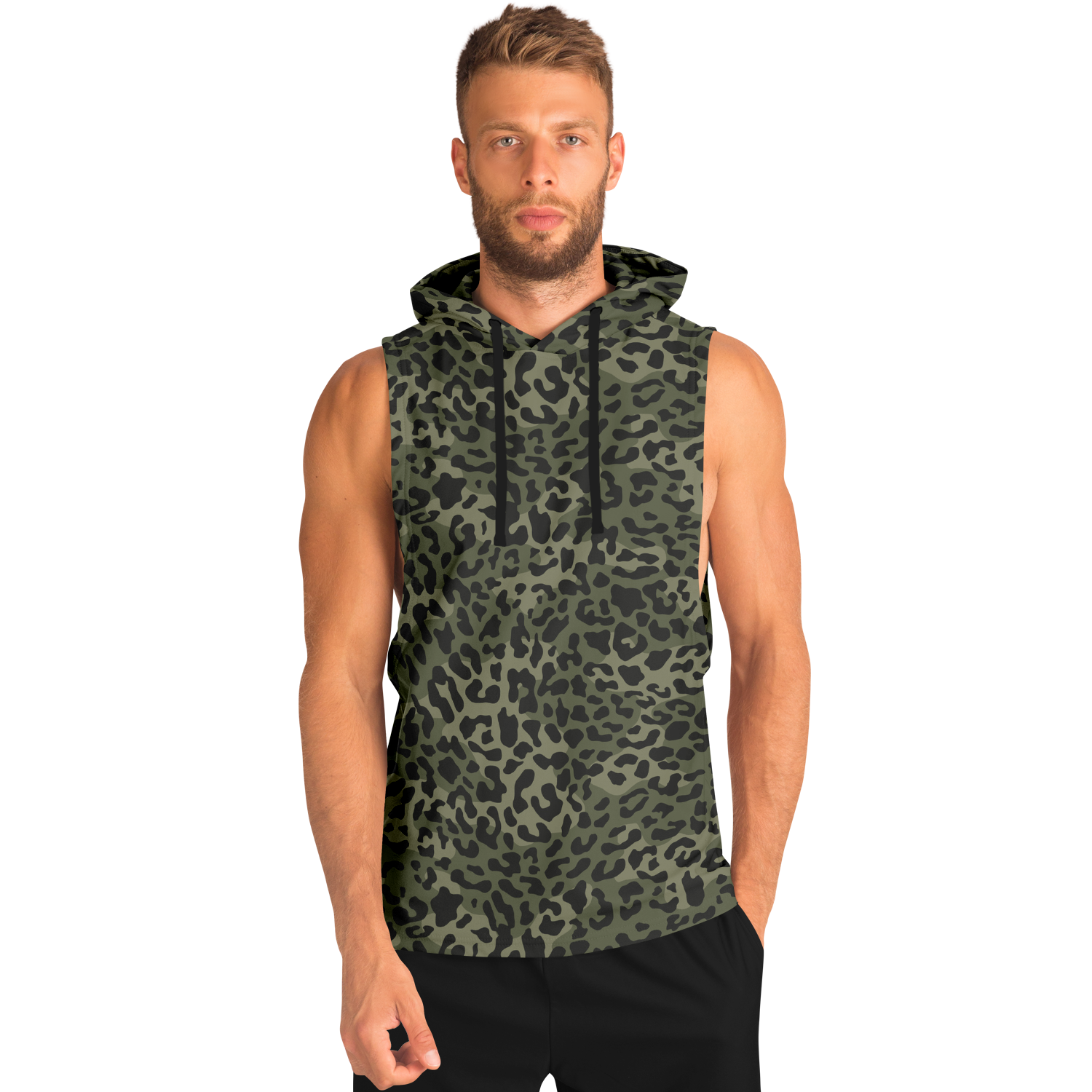 Sleeveless Leopard Hoodie | Shades of Brown and Green | Camo Colors