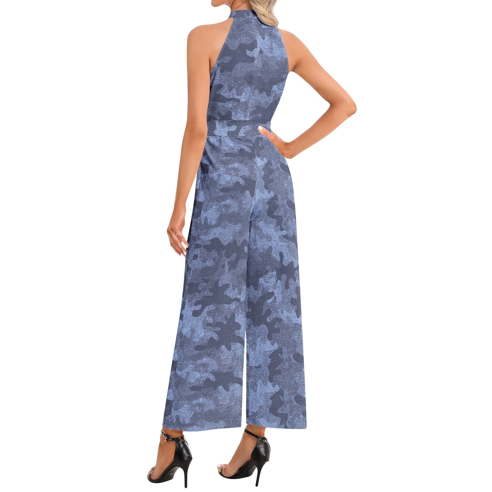 Camo Jumpsuit | Belted Halter Neck | Denim Blue Camo Colors