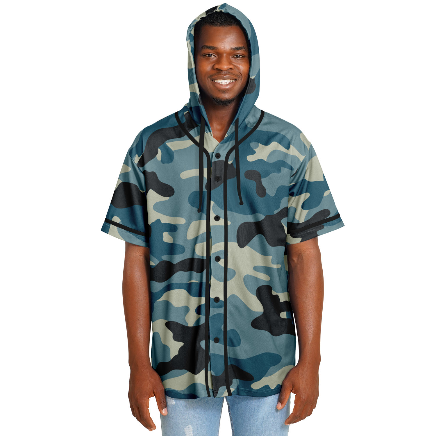 Hooded Baseball Jersey | Blue & Charcoal Camo Print | Camo Colors
