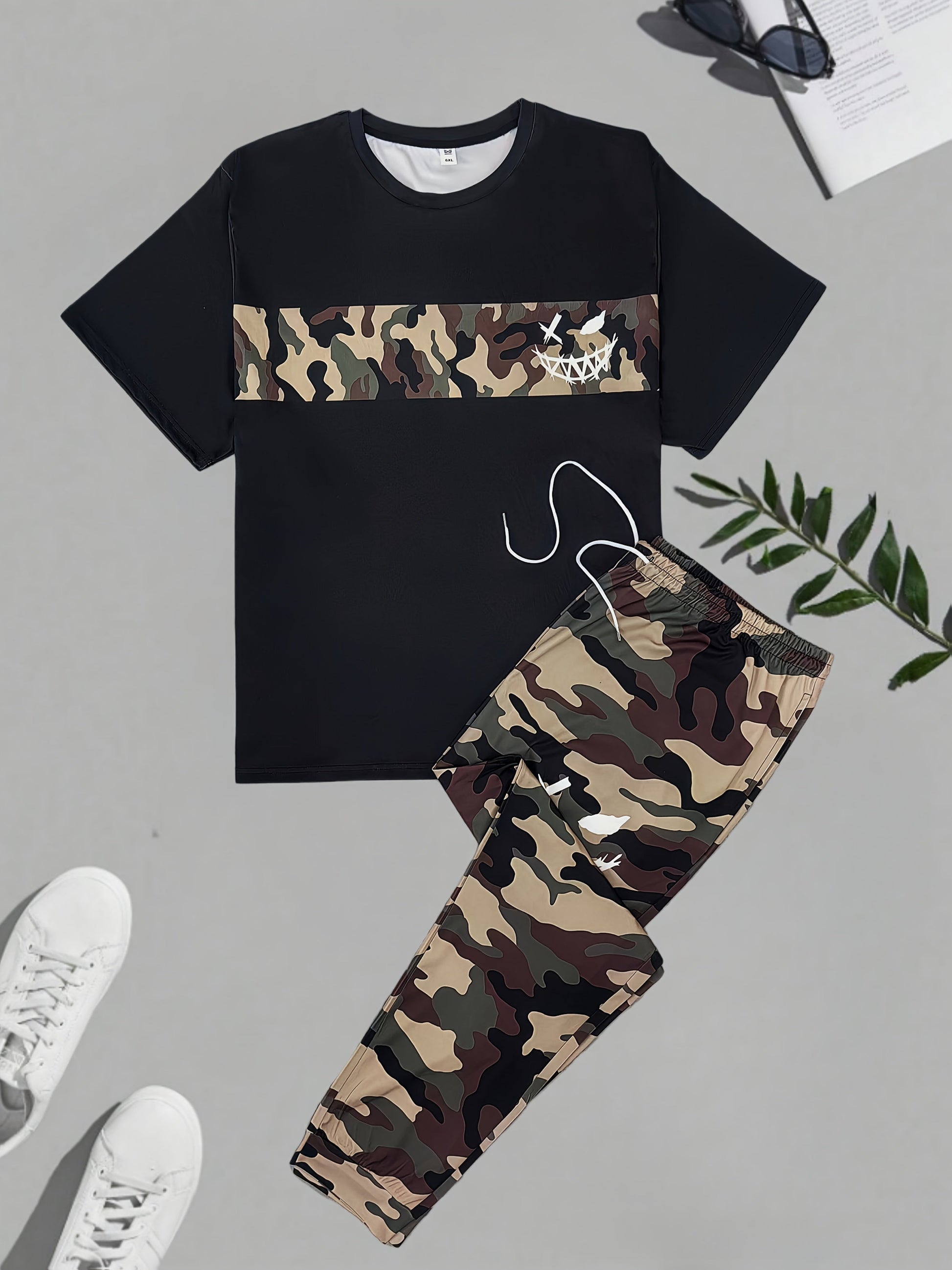 Plus-Size Camouflage Short-Sleeve & Long Pants Set | Camo Colors