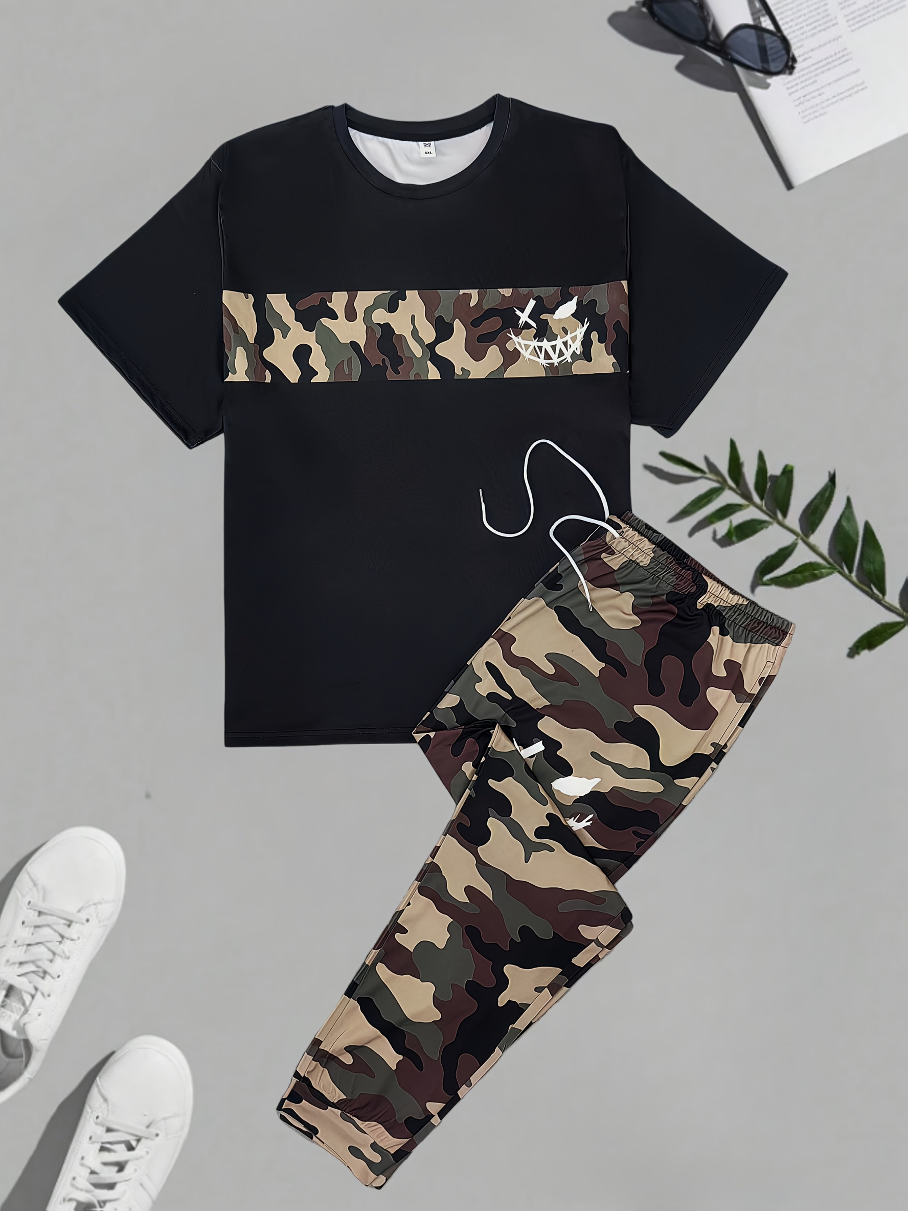 Plus-Size Camouflage Short-Sleeve & Long Pants Set | Camo Colors
