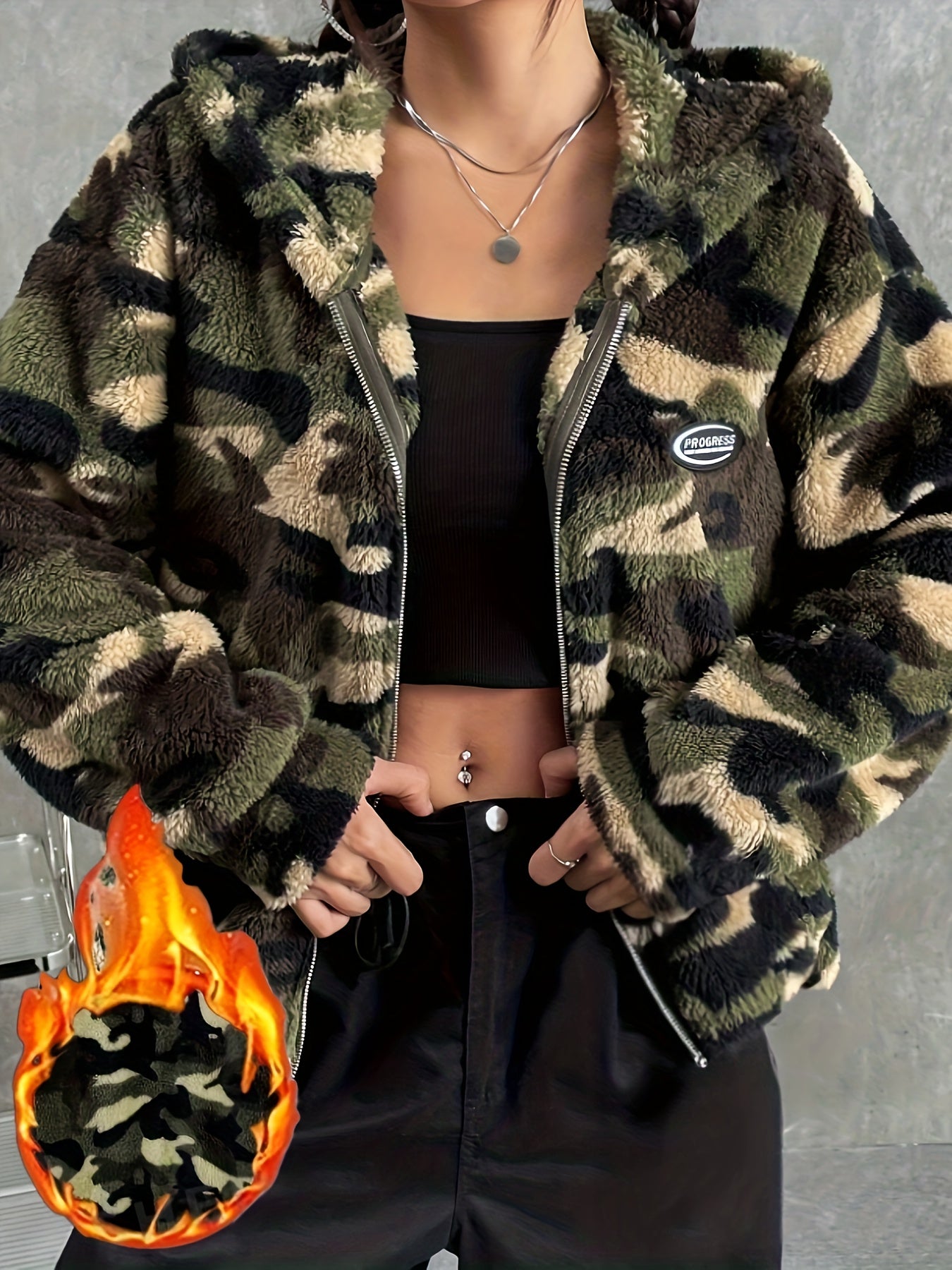 Women's Camo Print Zip-up Fluffy Jacket: Hooded, Fall/Winter Camo Colors