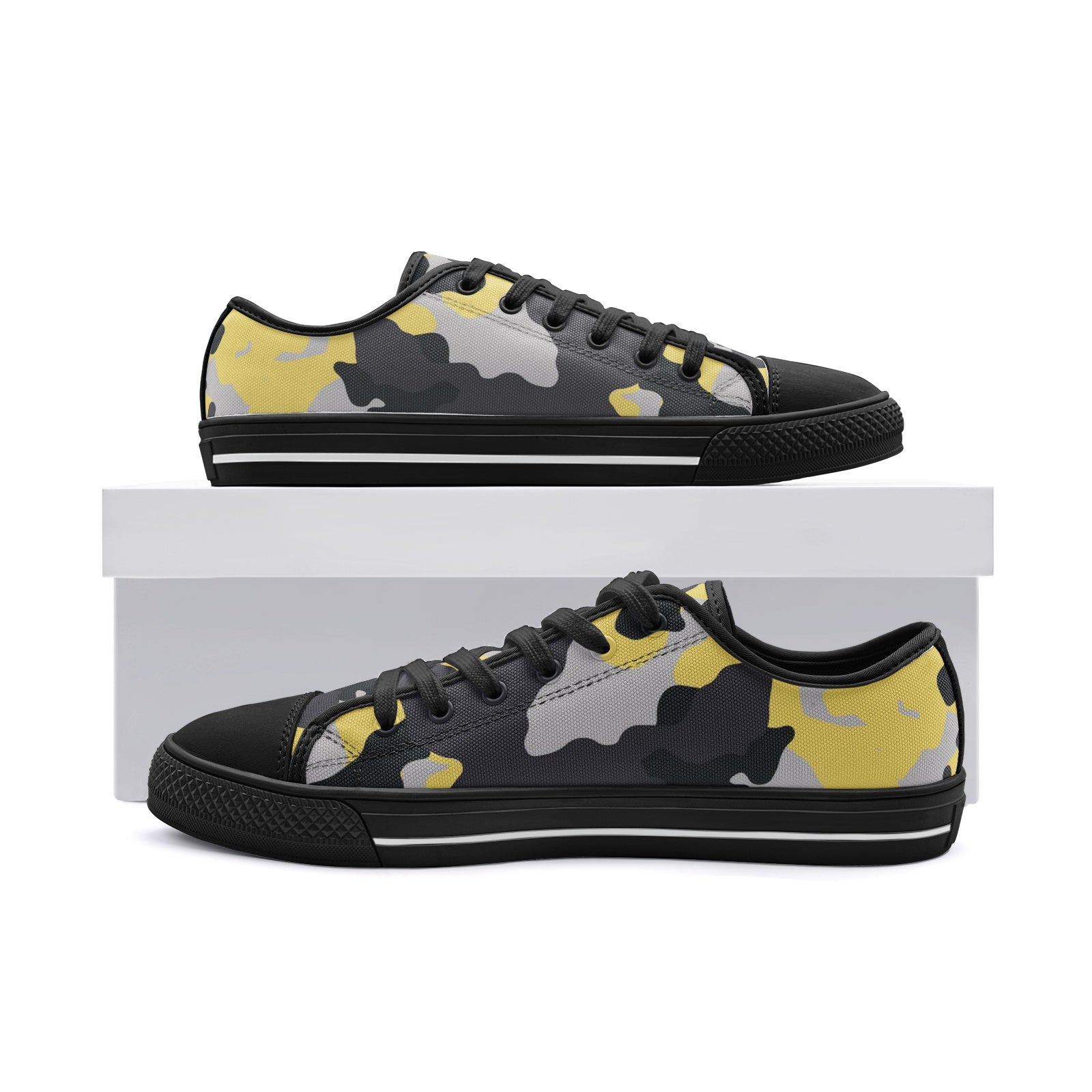 Camo Shoes | Low Top Canvas | Yellow, Black, and Silver Camo Colors