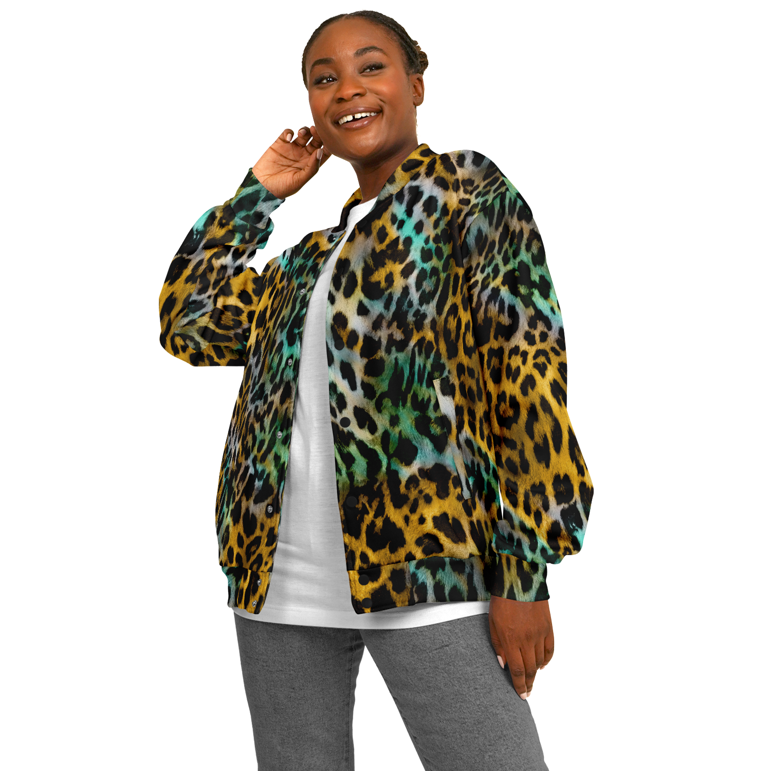 Baseball Jacket in Yellow and Blue Leopard Print Camo Colors