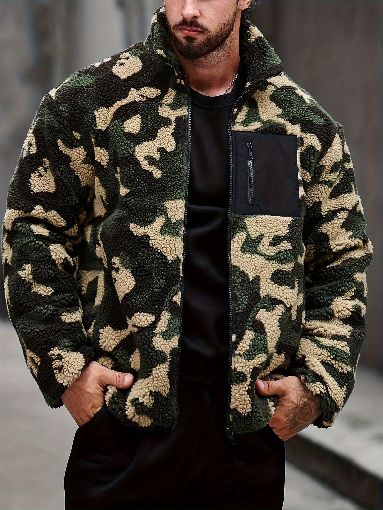 Camouflage Lapel Fleece Jacket for Men, Fall & Winter Style Camo Colors