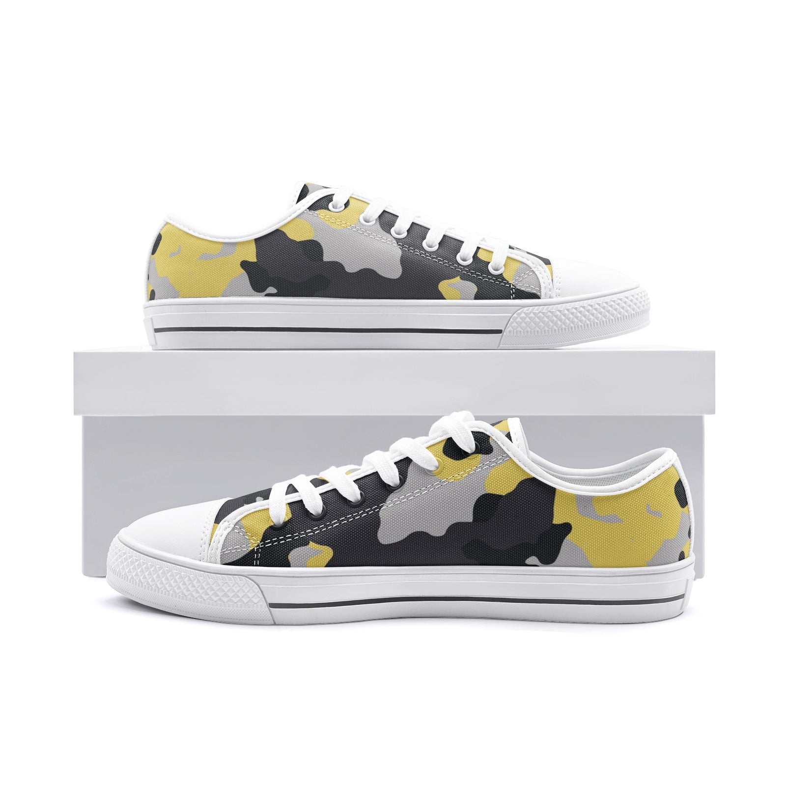 Camo Shoes | Low Top Canvas | Yellow, Black, and Silver Camo Colors