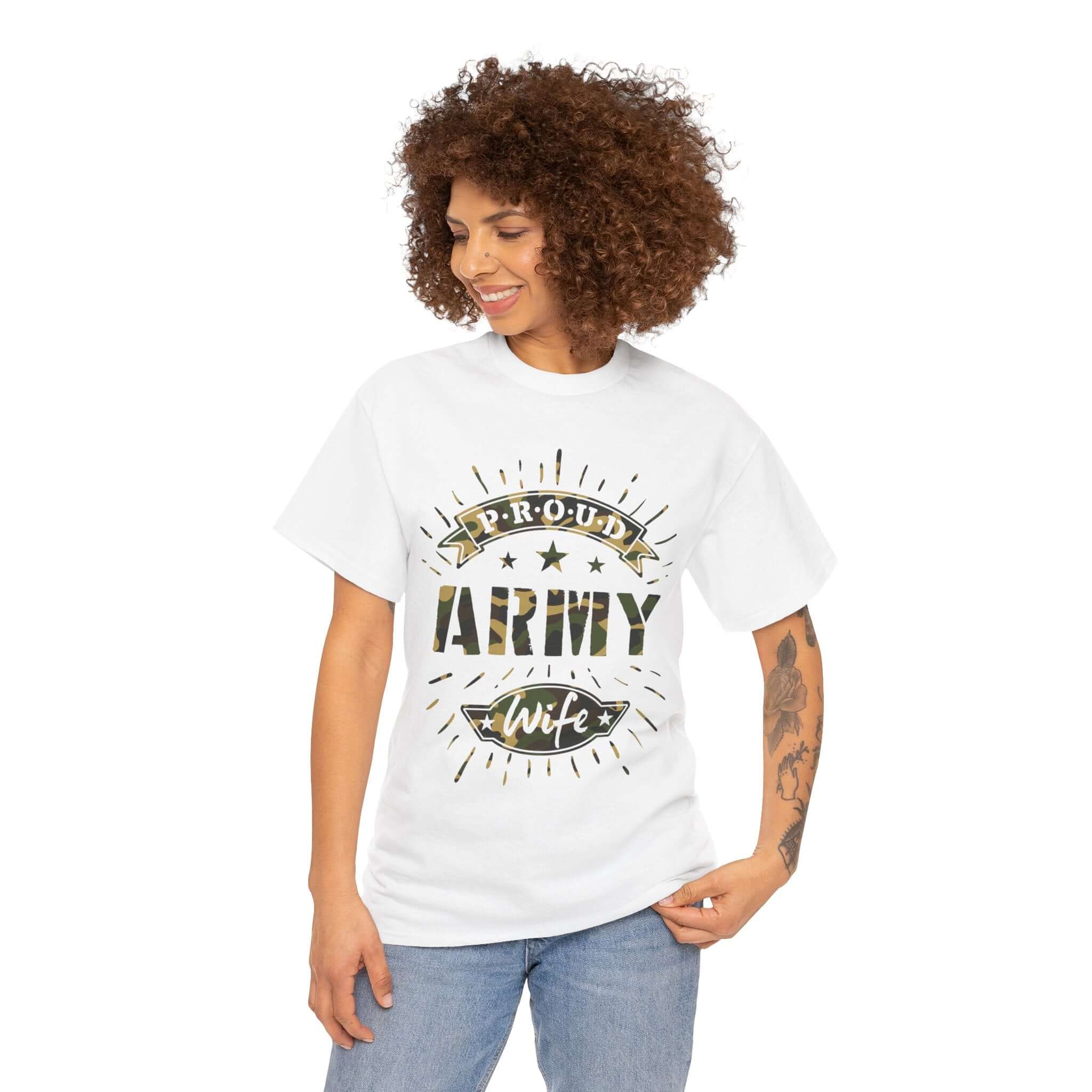 Proud Army Wife White T-Shirt | 2025 Heavy Cotton Tee Camo Colors