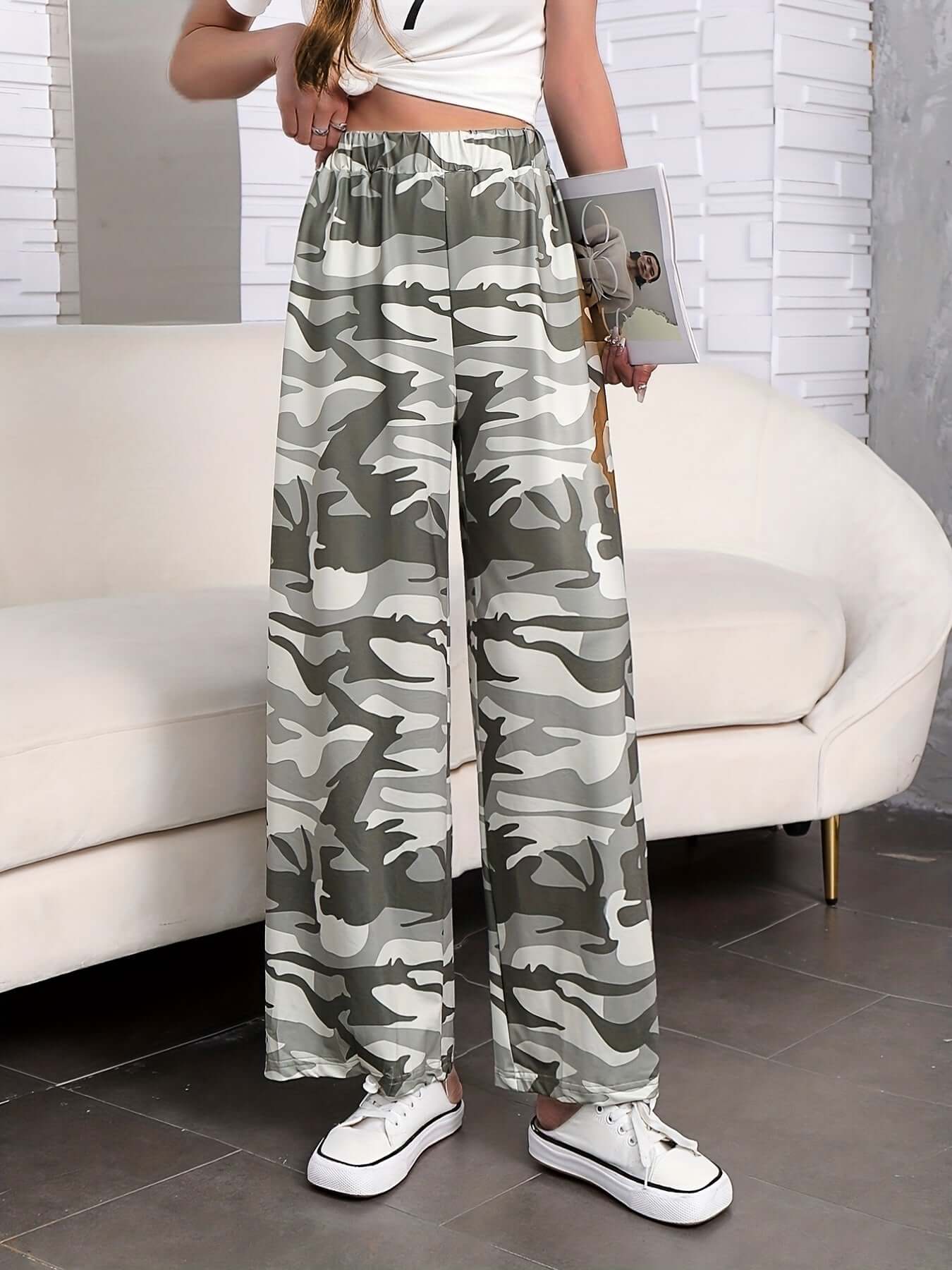 Camo Print Wide Leg Pants | Casual Elastic Waist Long Length Camo Colors