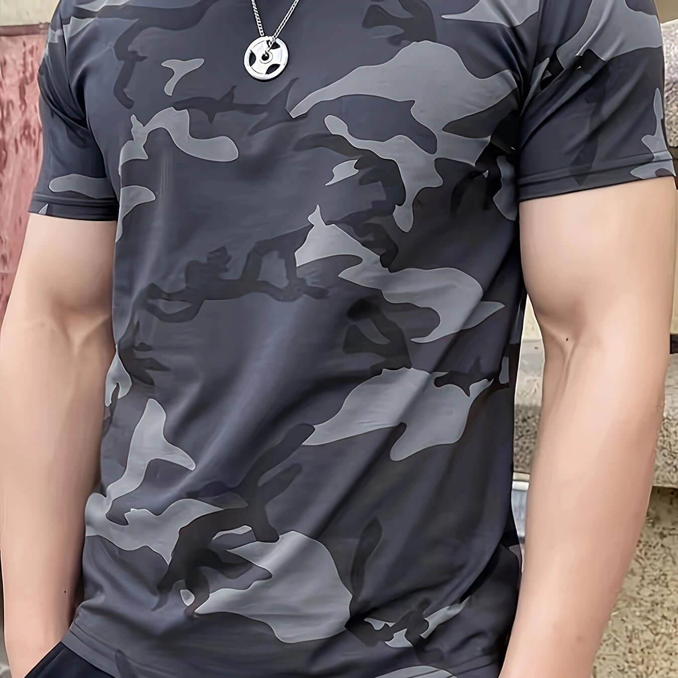 Men's Camo Print Short Sleeve T-shirt, Outdoor Athletic Camo Colors