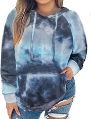 Plus Size Tie Dye Blue Hoodie for Women | Long Sleeve Pullover Camo Colors