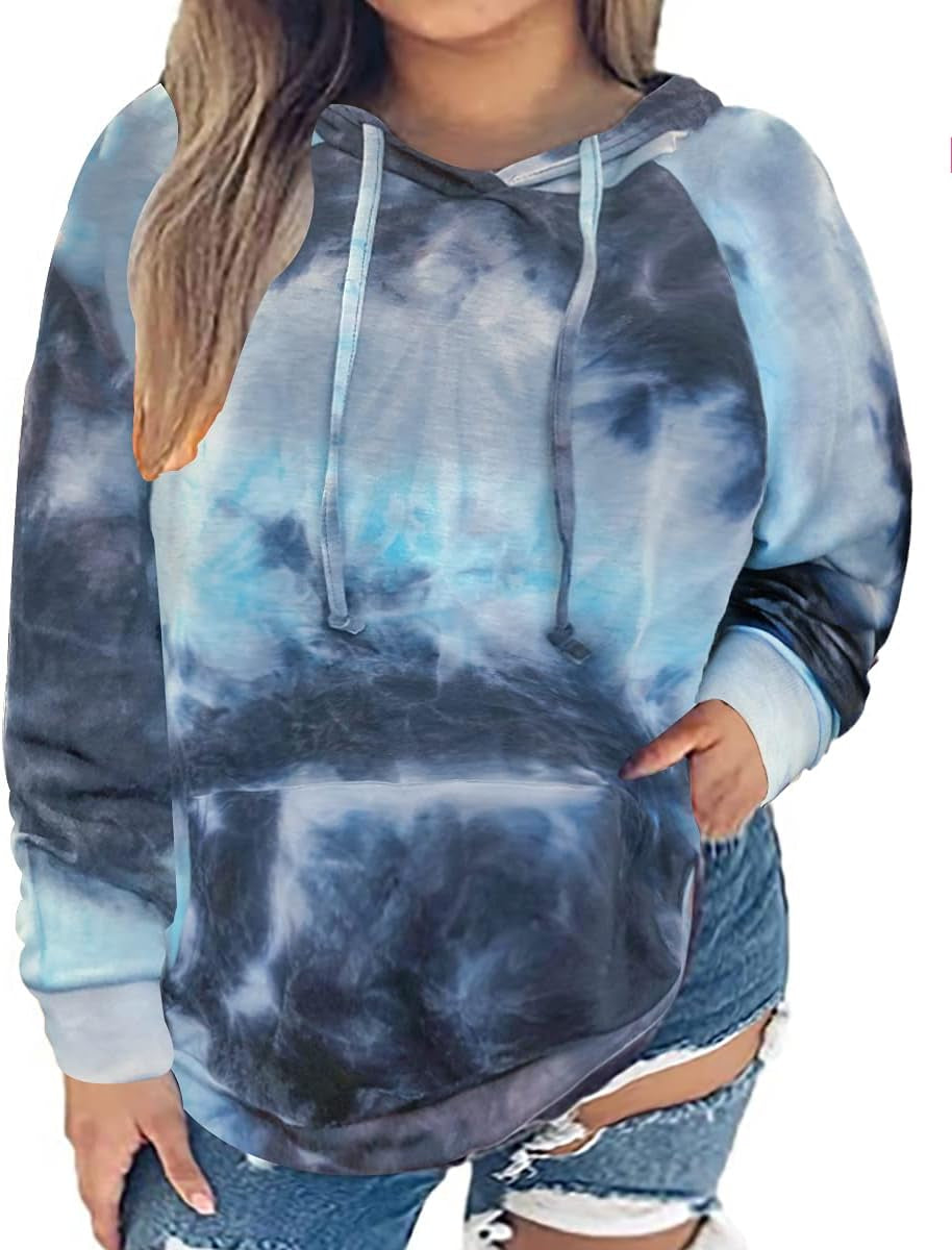 Plus Size Tie Dye Blue Hoodie for Women | Long Sleeve Pullover Camo Colors
