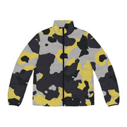 Men's Camo Puffer Jacket | Yellow, Black, and Silver Camo Colors