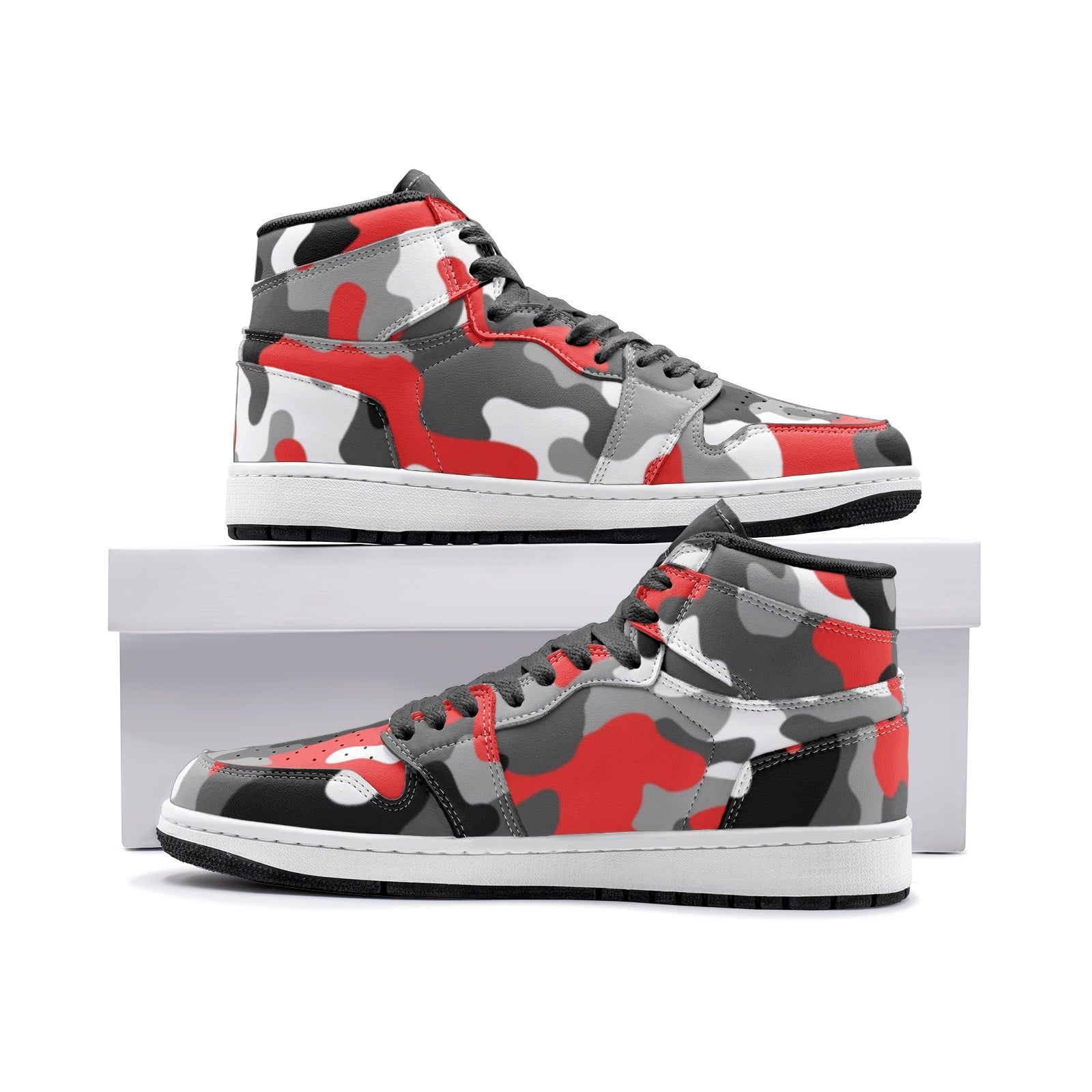 Red Camo Sneakers AJ 1 | Mixed Gray, Black, and White Camouflage Camo Colors