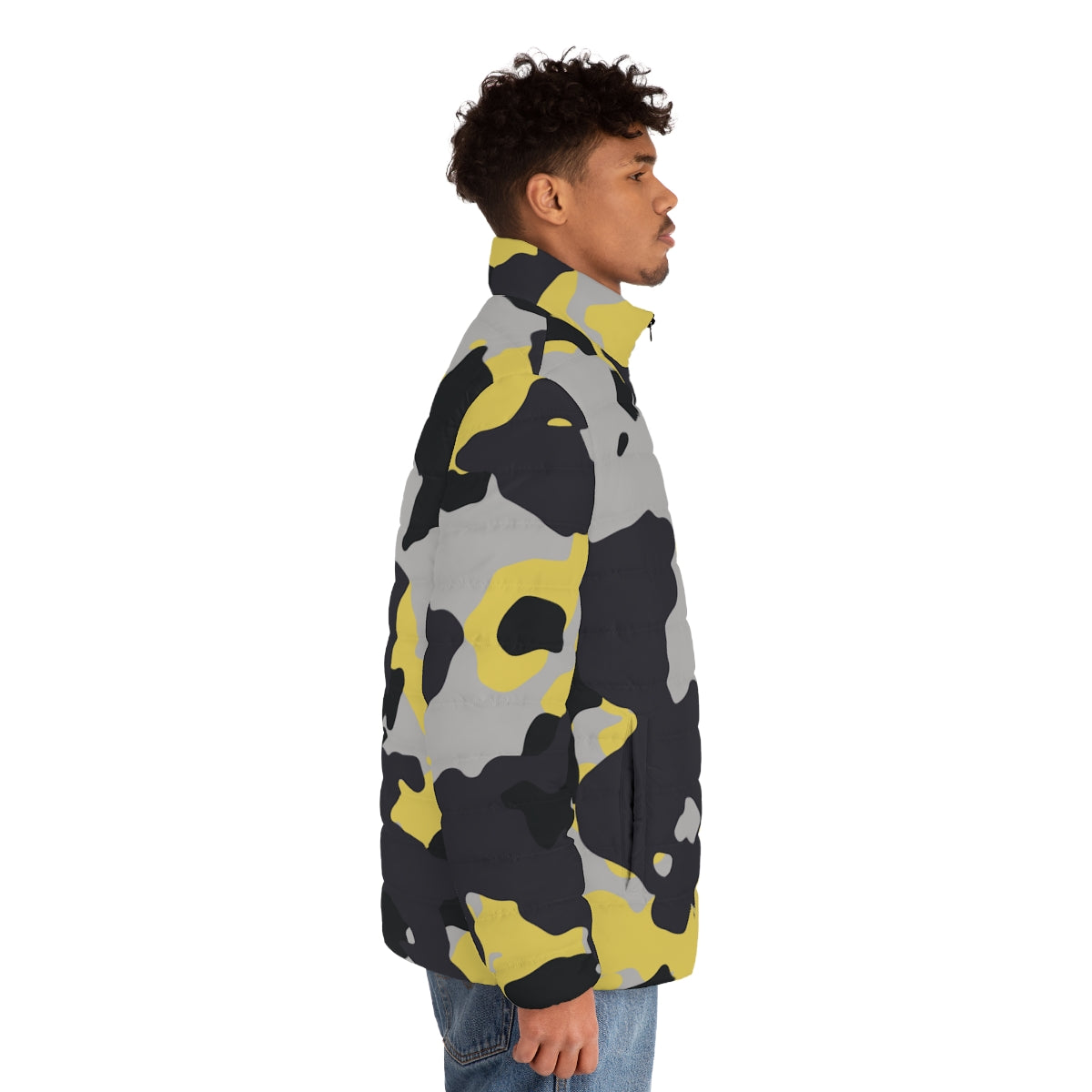 Men's Camo Puffer Jacket | Yellow, Black, and Silver Camo Colors