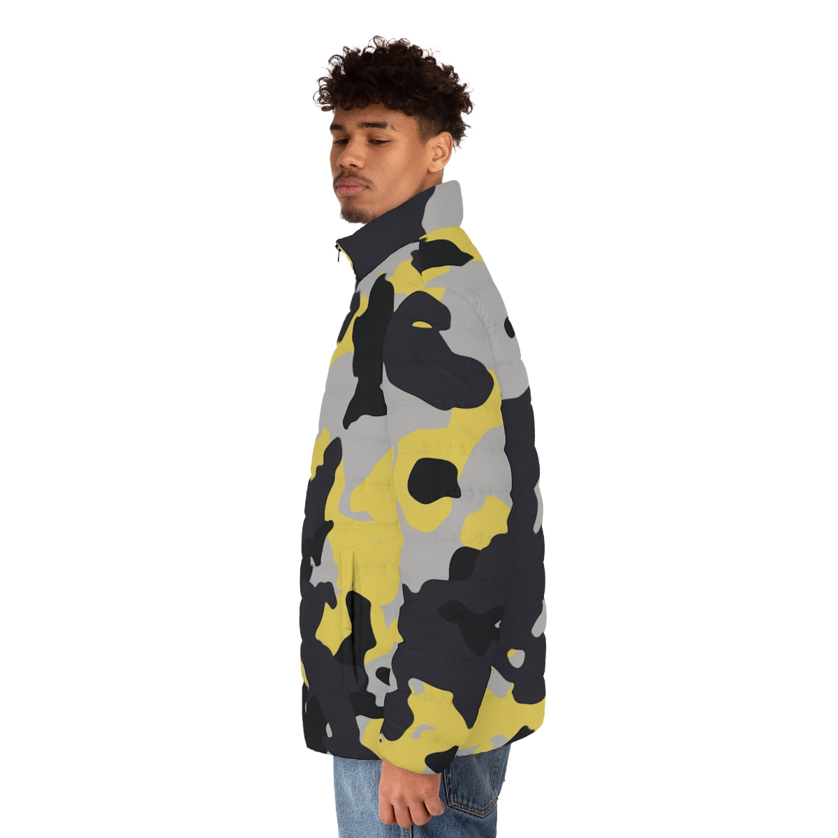 Men's Camo Puffer Jacket | Yellow, Black, and Silver Camo Colors