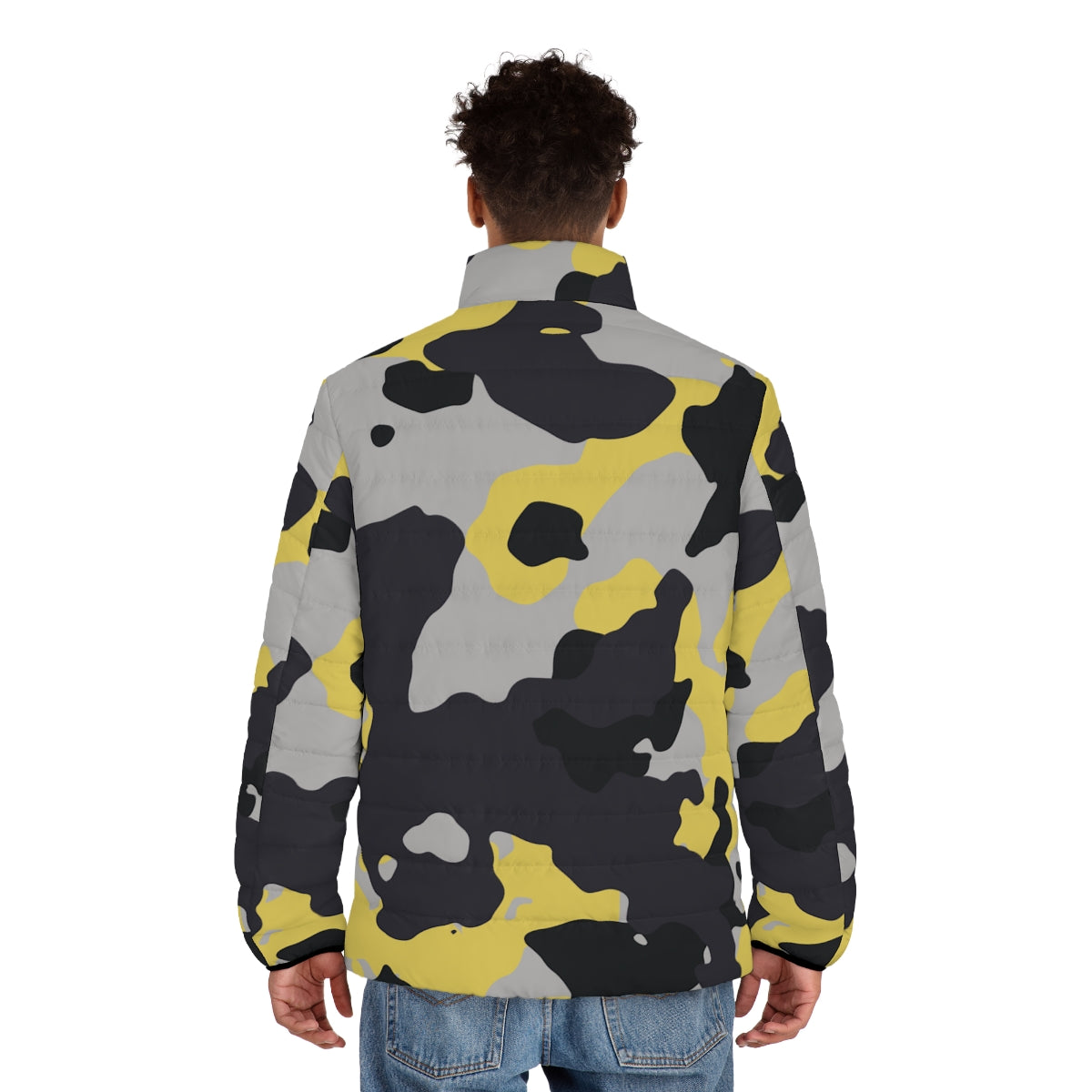 Men's Camo Puffer Jacket | Yellow, Black, and Silver Camo Colors