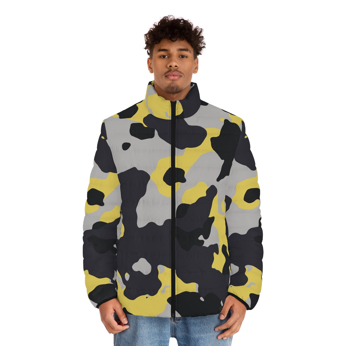 Men's Camo Puffer Jacket | Yellow, Black, and Silver Camo Colors