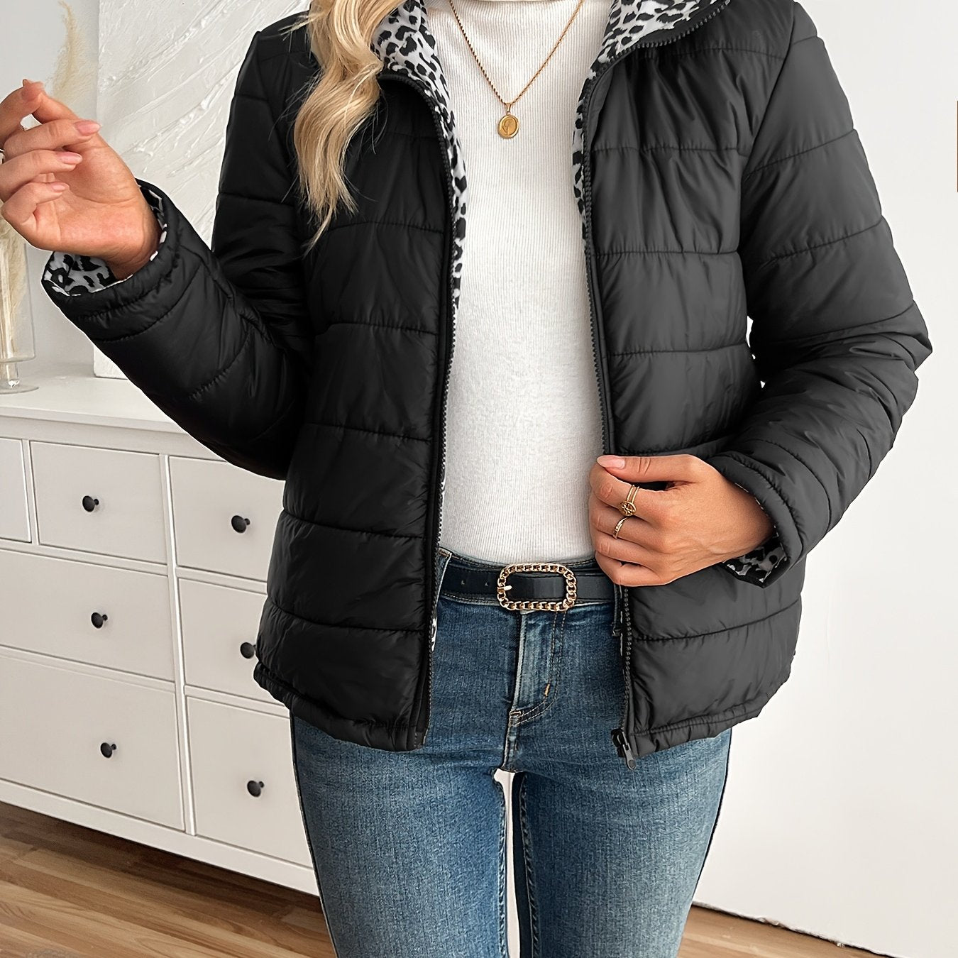 Women's Reversible Leopard Print Hooded Puffer Jacket | Camo Colors