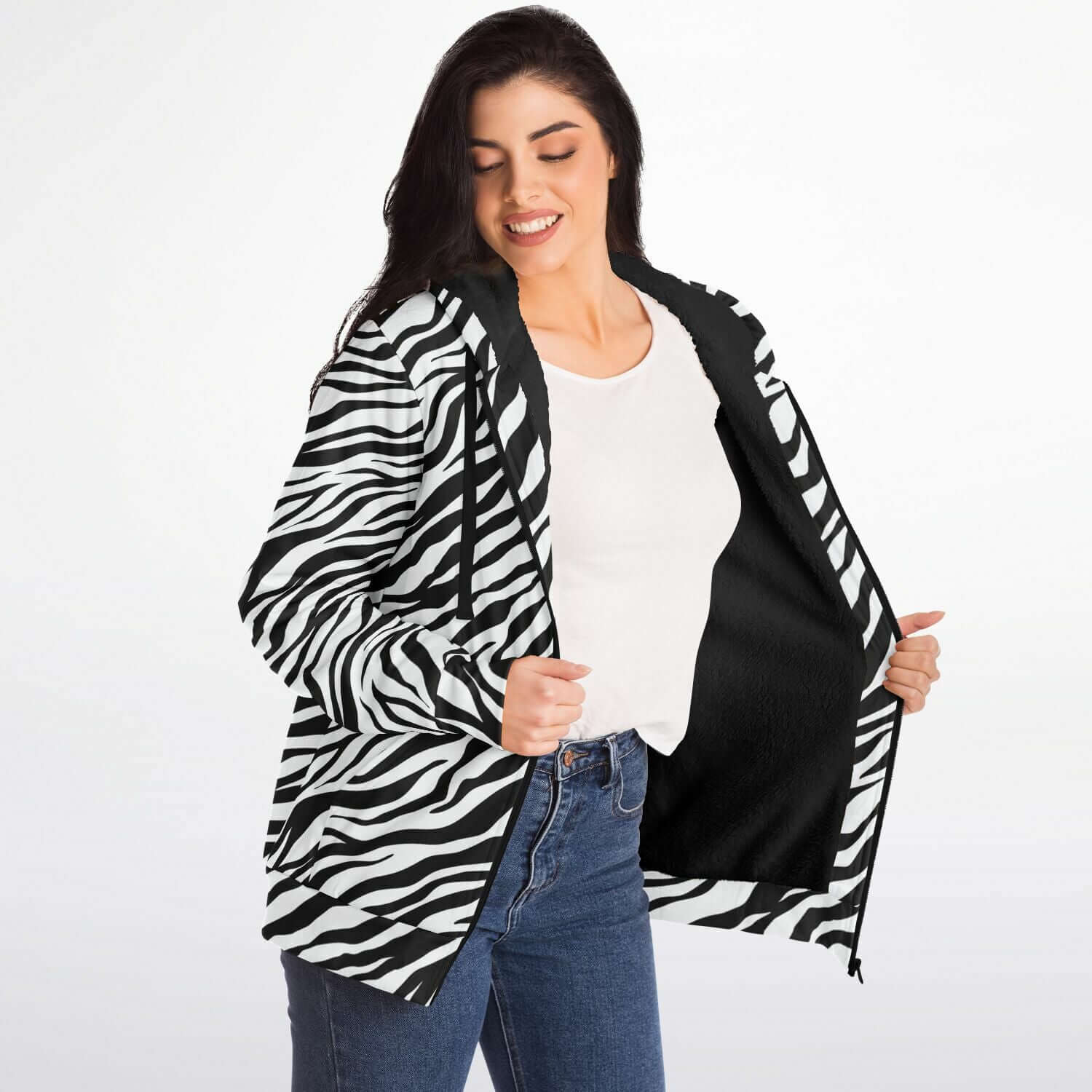 Microfleece Zip Hoodie in Black and White Zebra Print Camo Colors