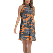 Flared Camo Dress | Halter Neck | Orange, Black, and Gray Camo Colors