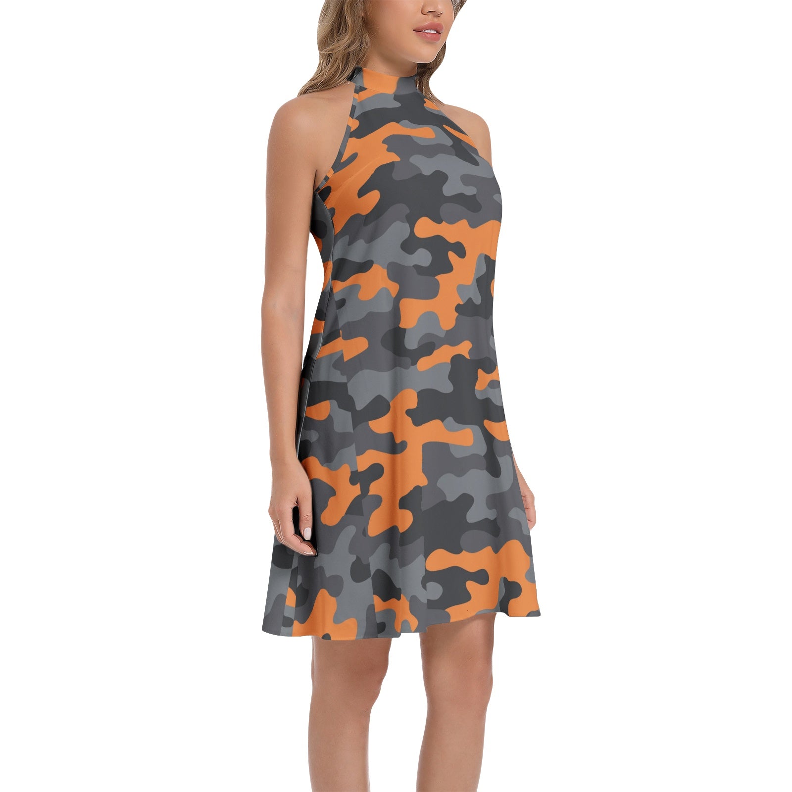 Flared Camo Dress | Halter Neck | Orange, Black, and Gray Camo Colors
