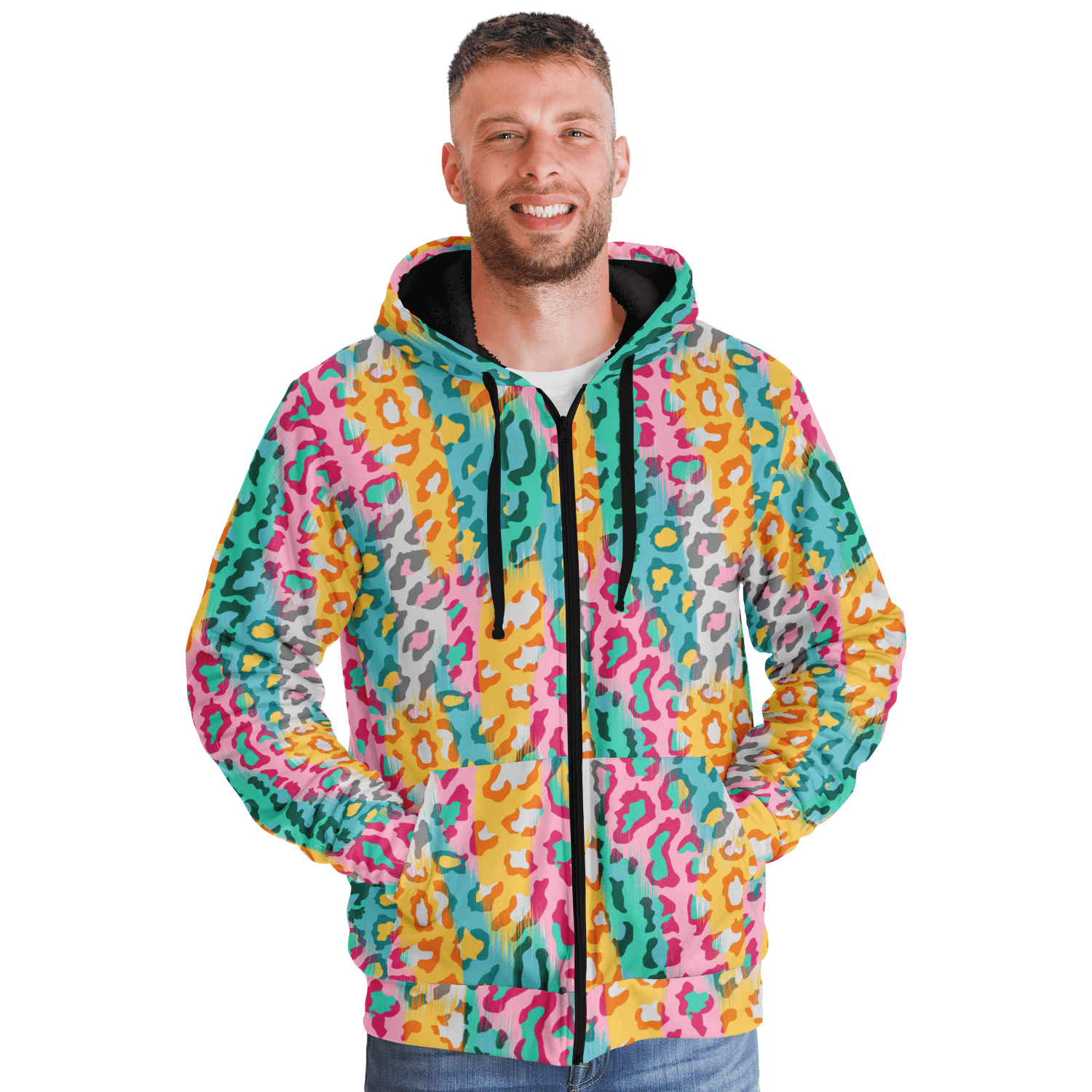 Microfleece Zip Hoodie | Colorful Leopard Pattern Camo Colors