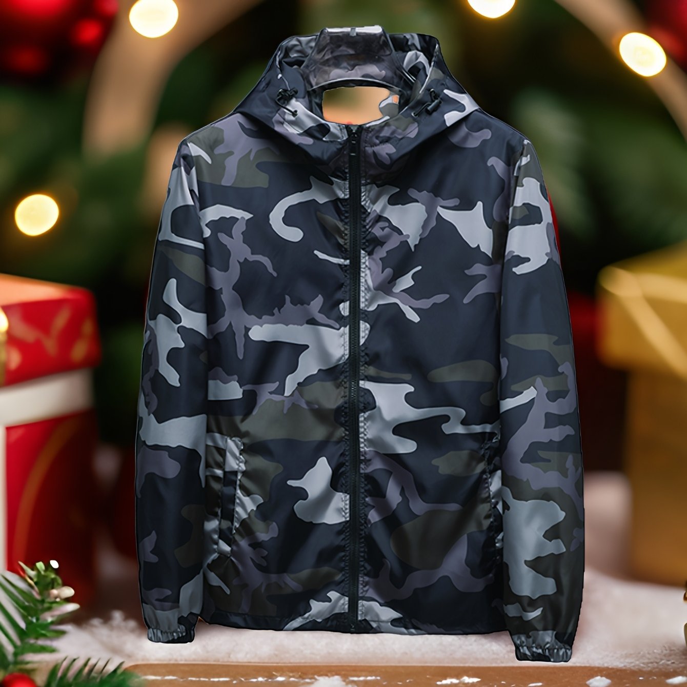 Men's Camo Hooded Jacket - Lightweight Polyester Zip-Up Camo Colors