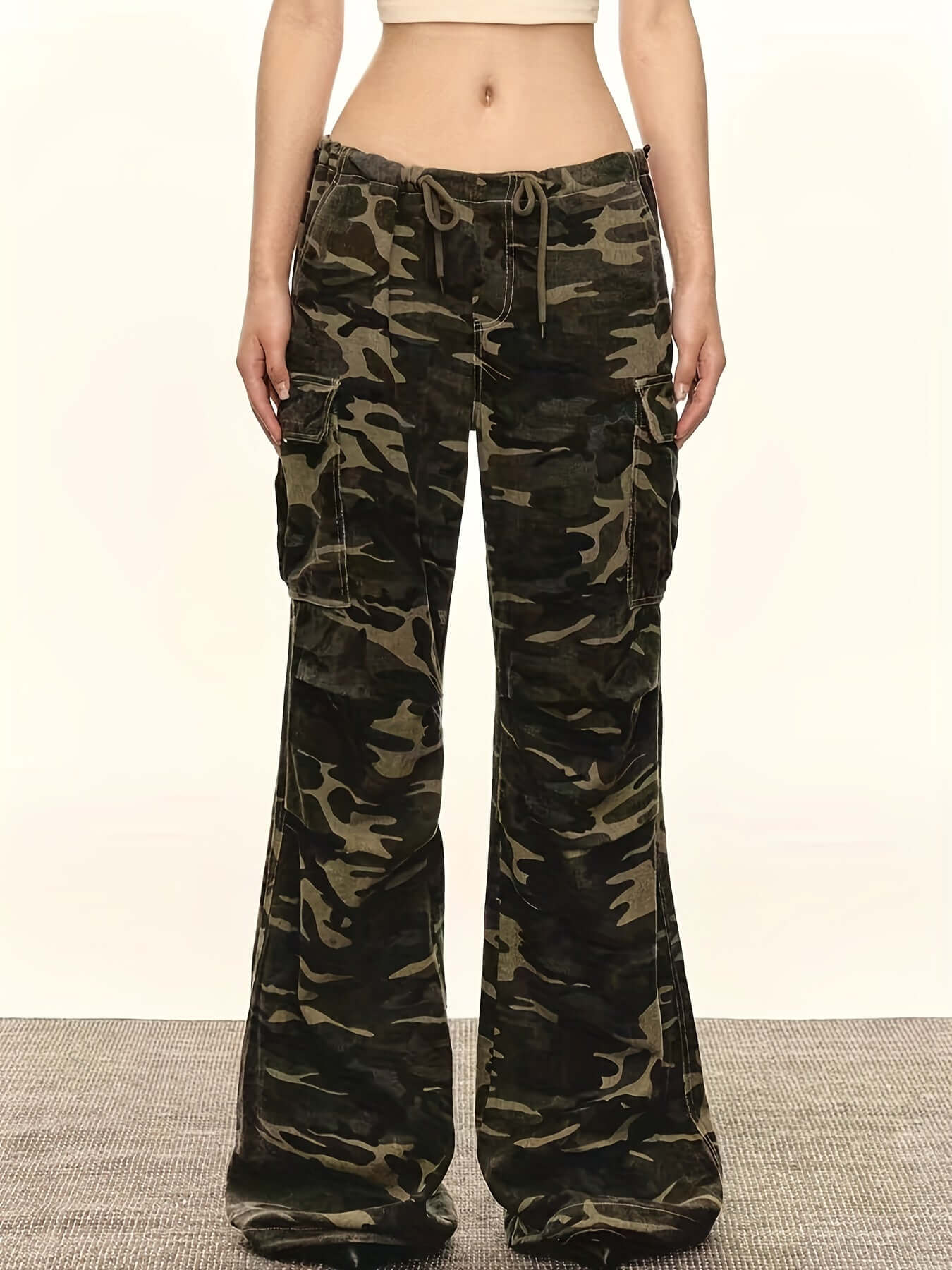 Women's Green Camo Cargo Wide Leg Denim Jeans | Cotton Blend Camo Colors
