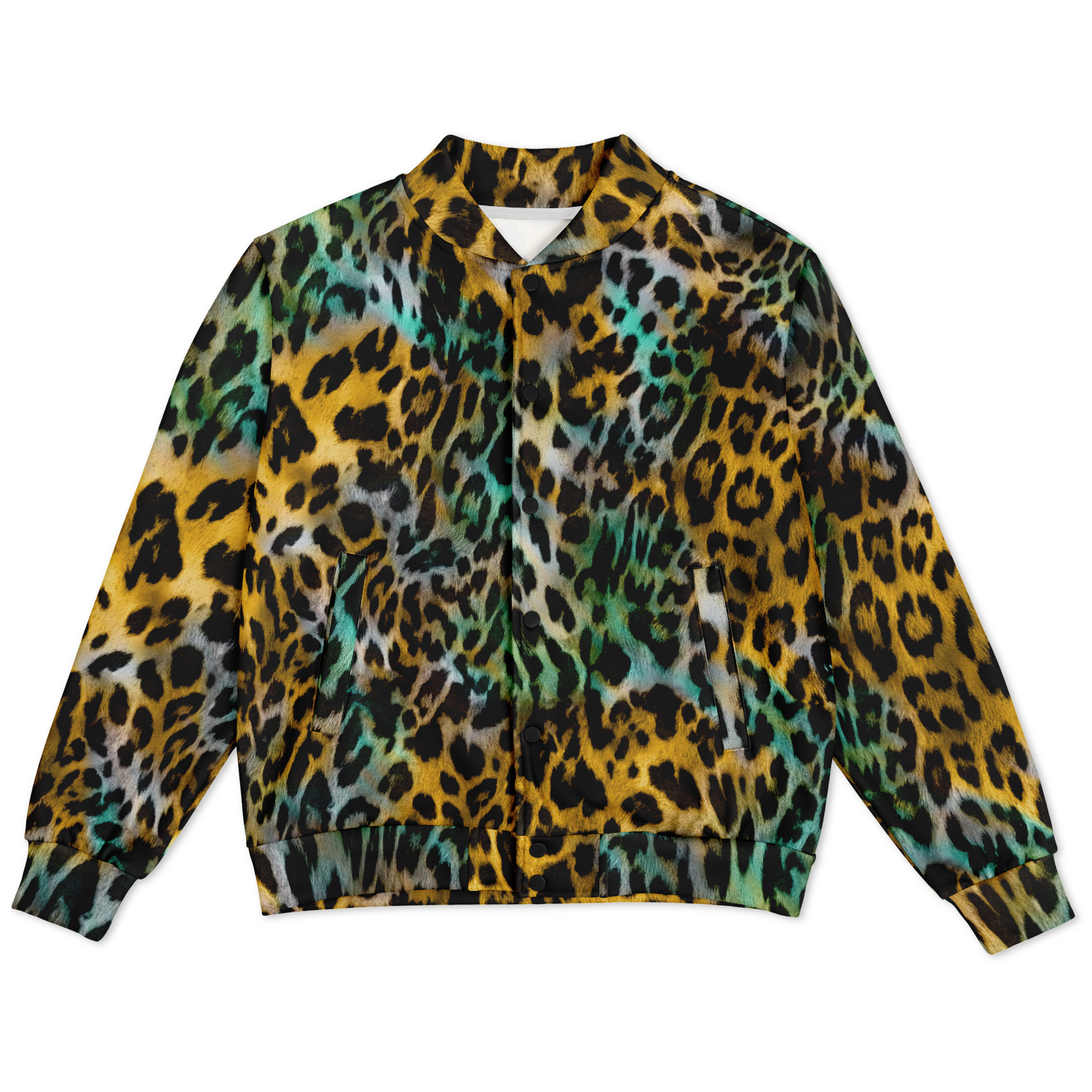 Baseball Jacket in Yellow and Blue Leopard Print Camo Colors