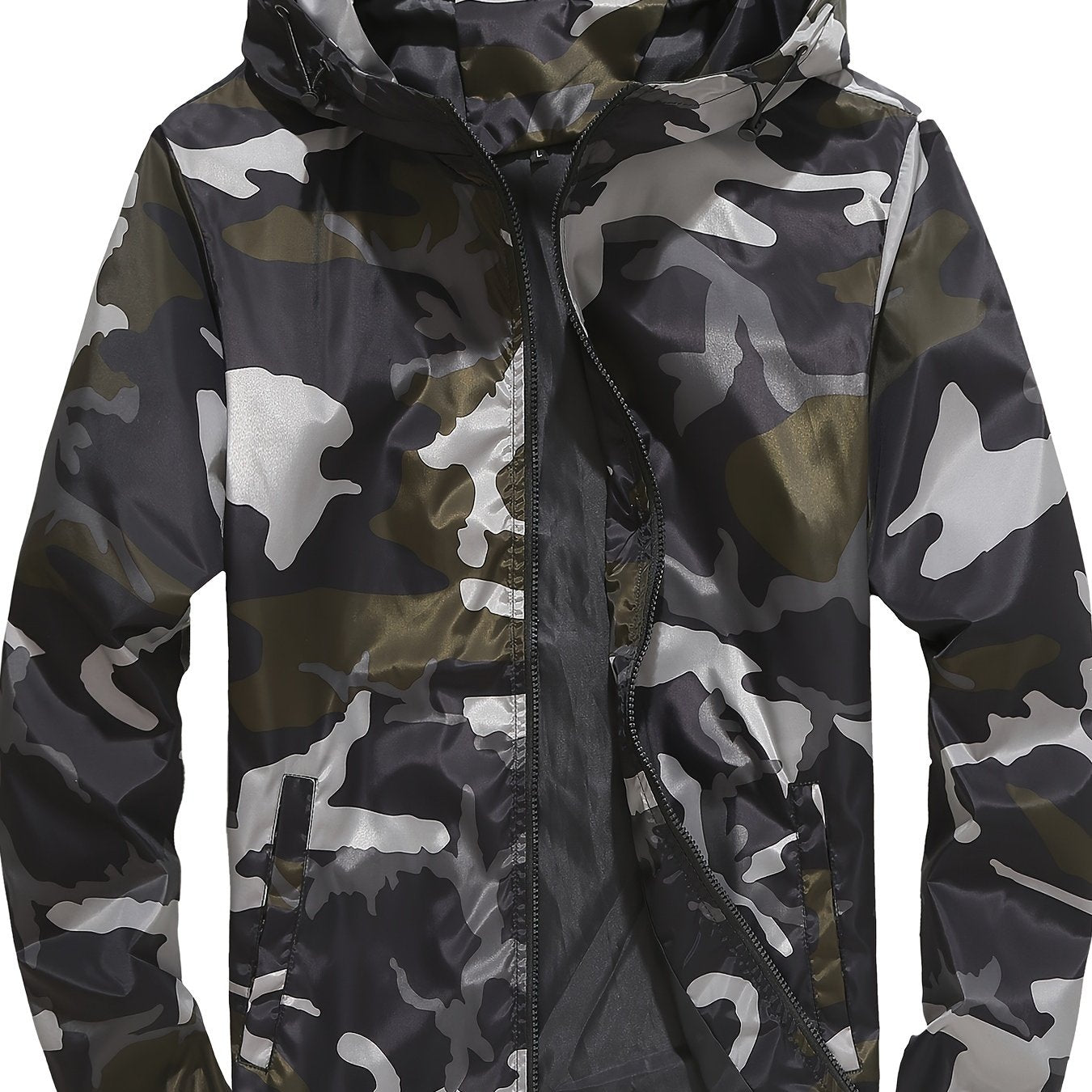 Men's Grey Hooded Zip Up Camouflage Lightweight Jacket Camo Colors