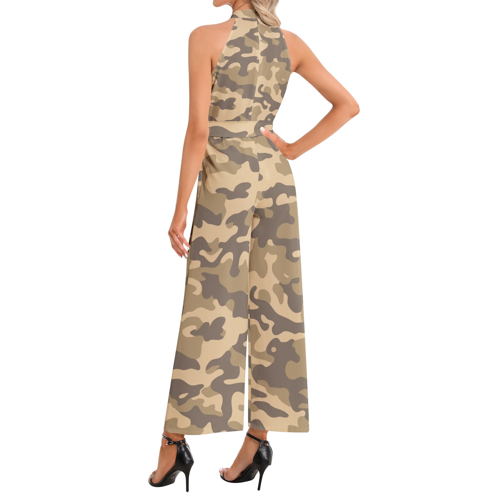Camo Jumpsuit | Belted Halter Neck | Khaki Camo Colors