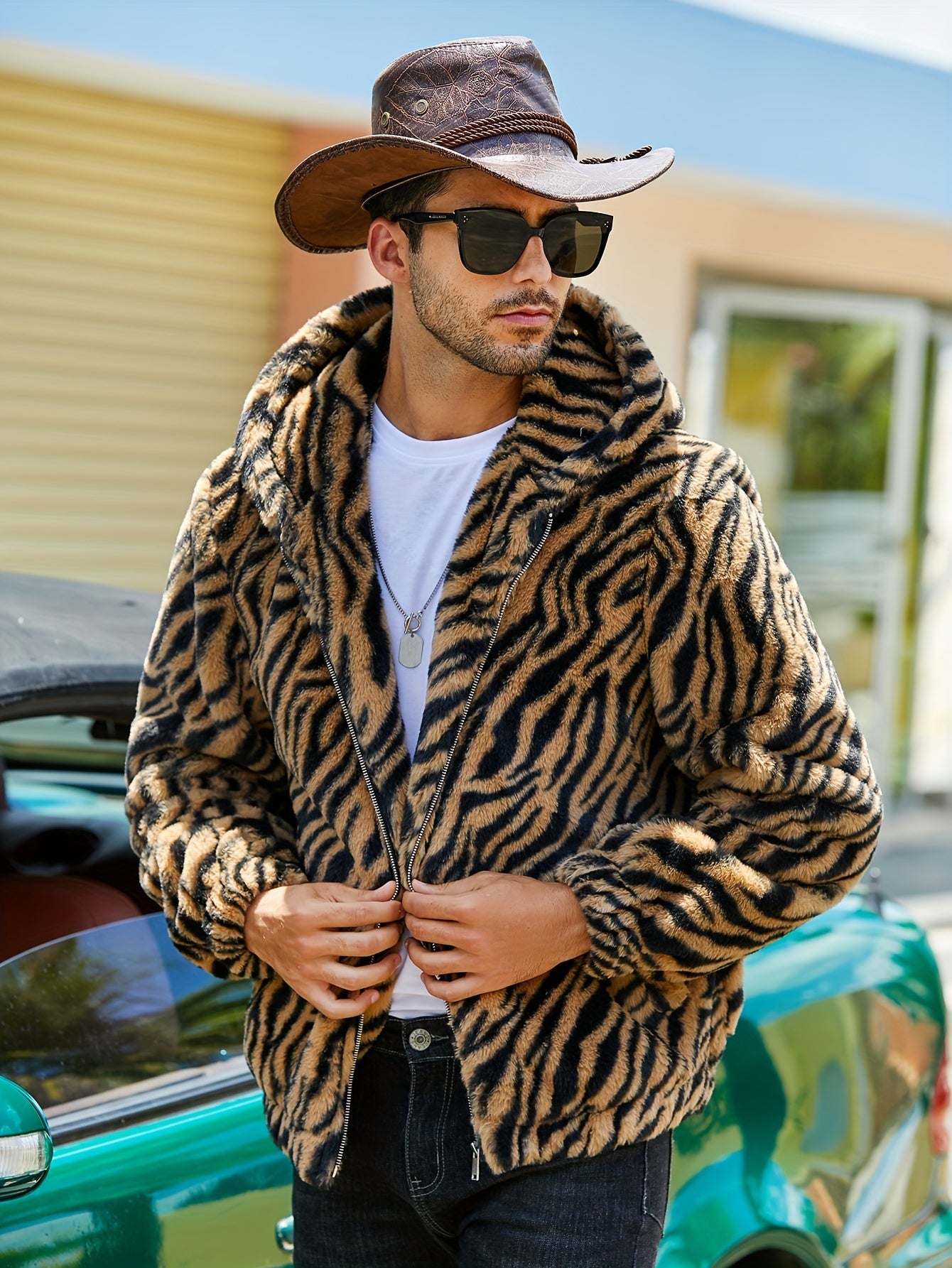RELISH NOLESS Men's Leopard Print Faux Fur Hooded Jacket | Camo Colors