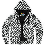 Microfleece Zip Hoodie in Black and White Zebra Print Camo Colors