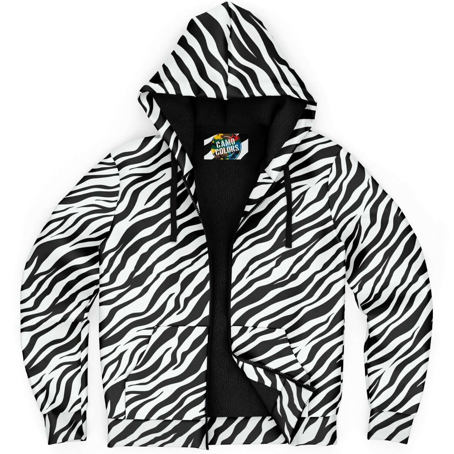 Microfleece Zip Hoodie in Black and White Zebra Print Camo Colors