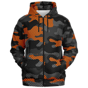 Zip-Up Hoodie | Orange & Black Pixel Camouflage style Camo Colors