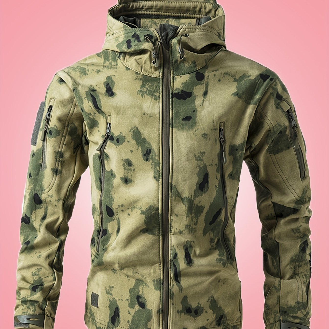 Men's Military Camo Jacket | Hooded Windbreaker with Zippered Pockets, Removable Hood Camo Colors