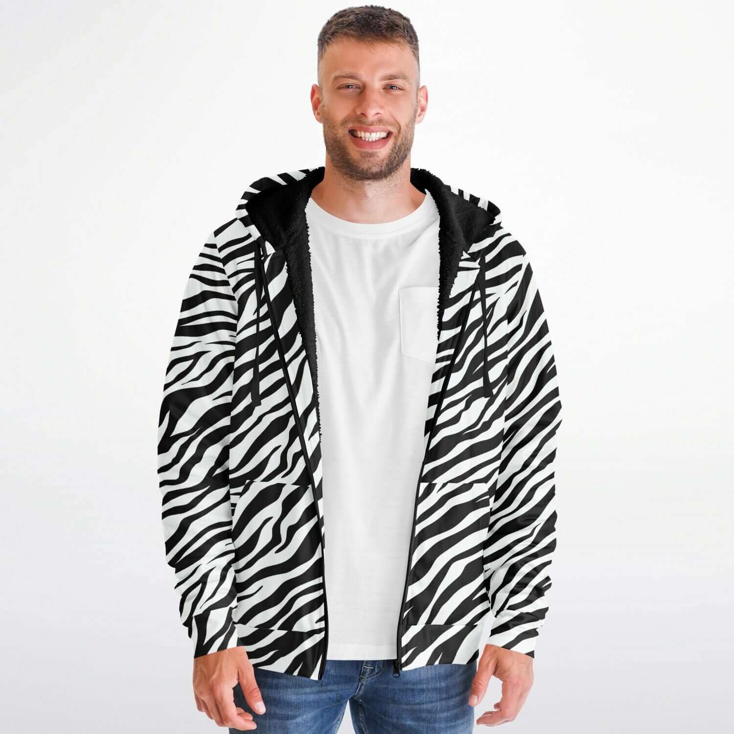 Microfleece Zip Hoodie in Black and White Zebra Print Camo Colors