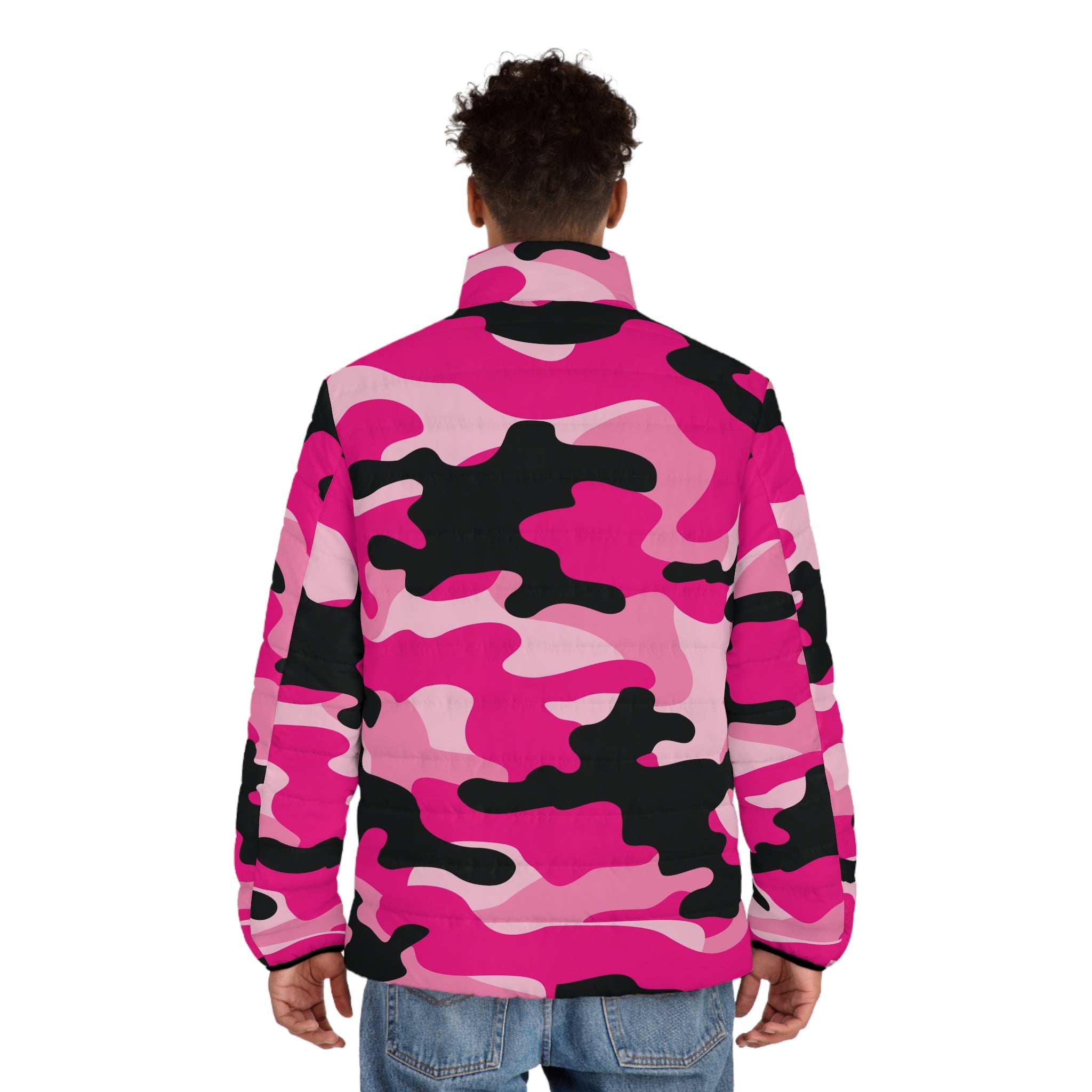 Camo Puffer Jacket For Men | Pink Candy, Black, & Cerise Camo Colors