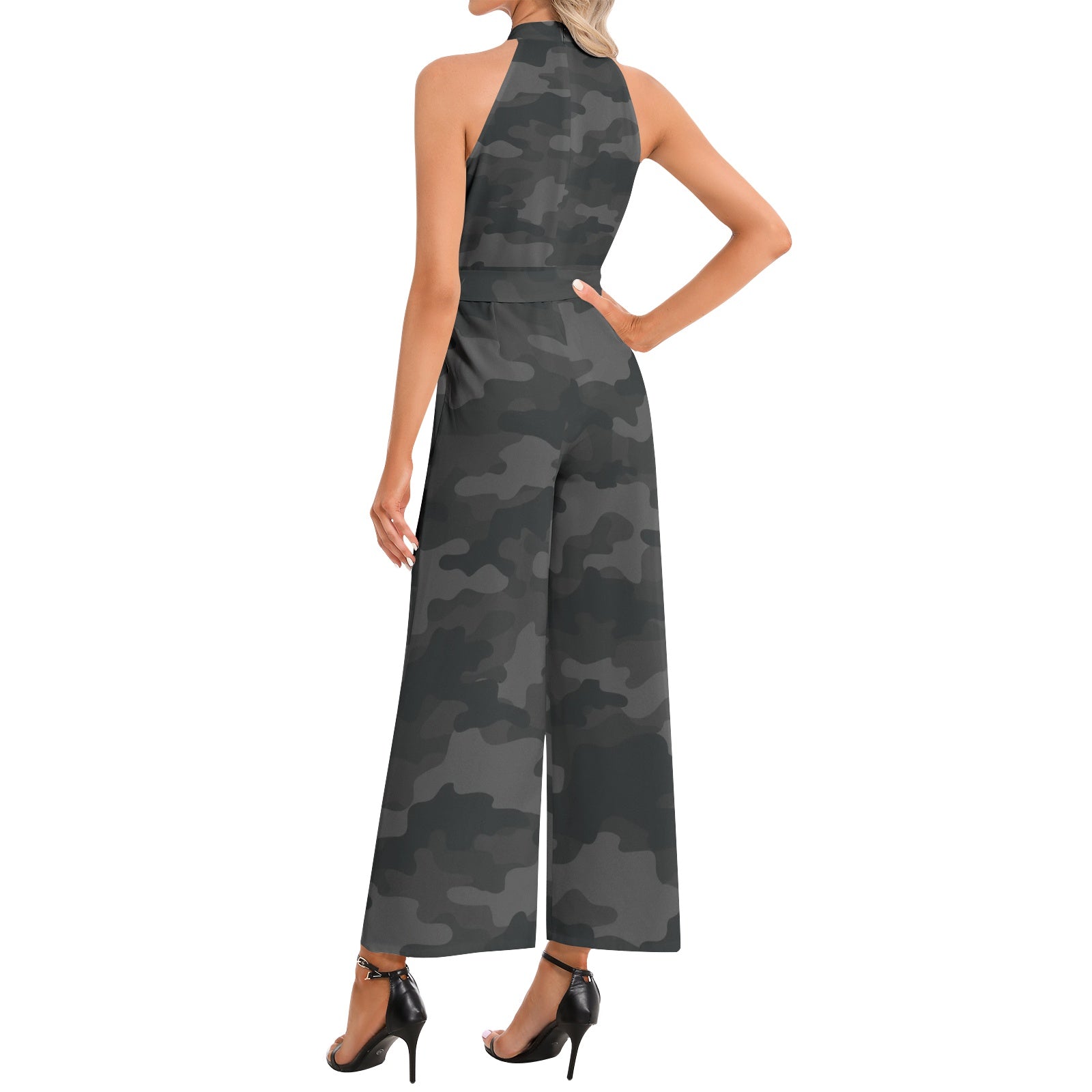 Camo Jumpsuit | Belted Halter Neck | Black Camo Colors